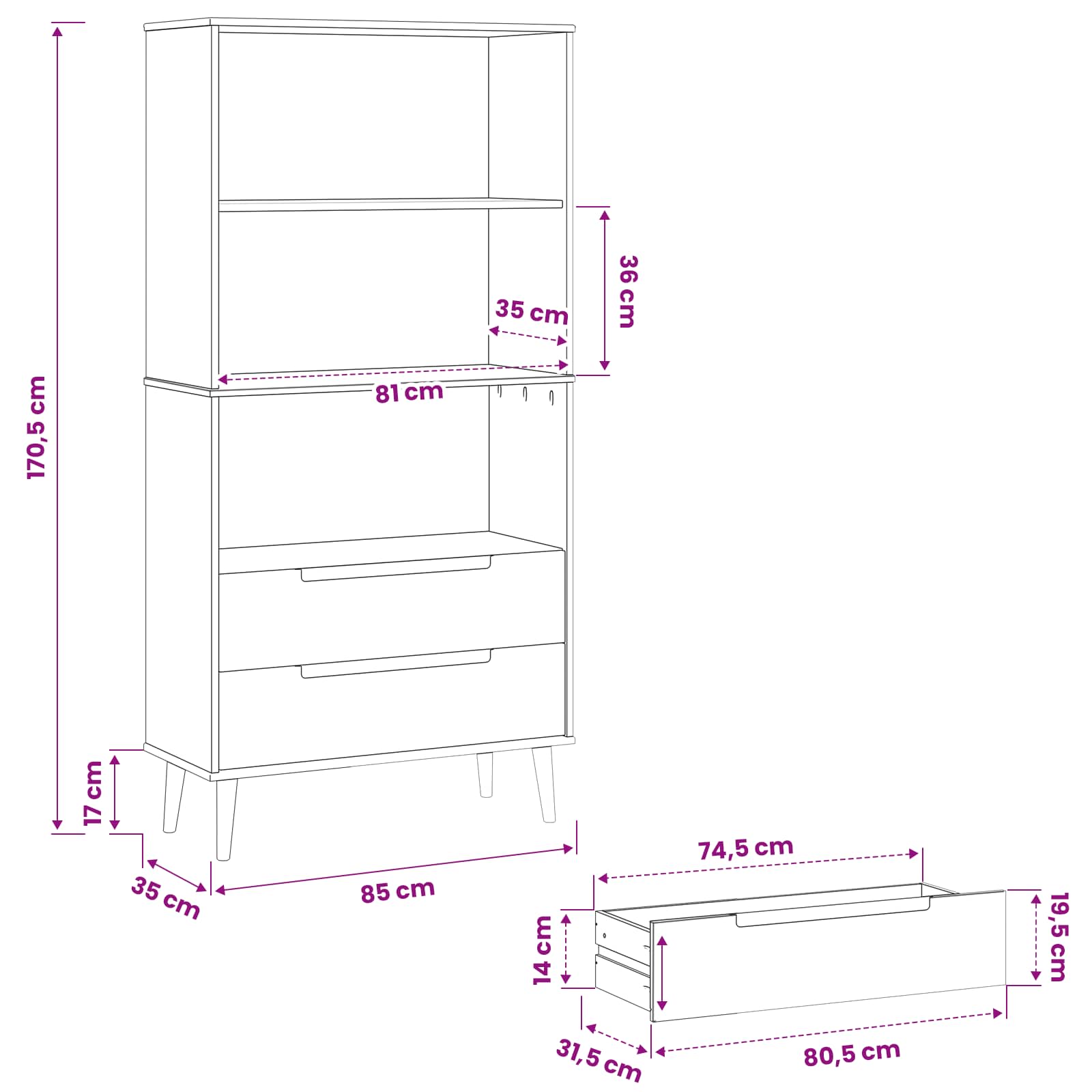 Bücherregal MOLDE 85 x 35 x 170,5 cm Massives Kiefernholz