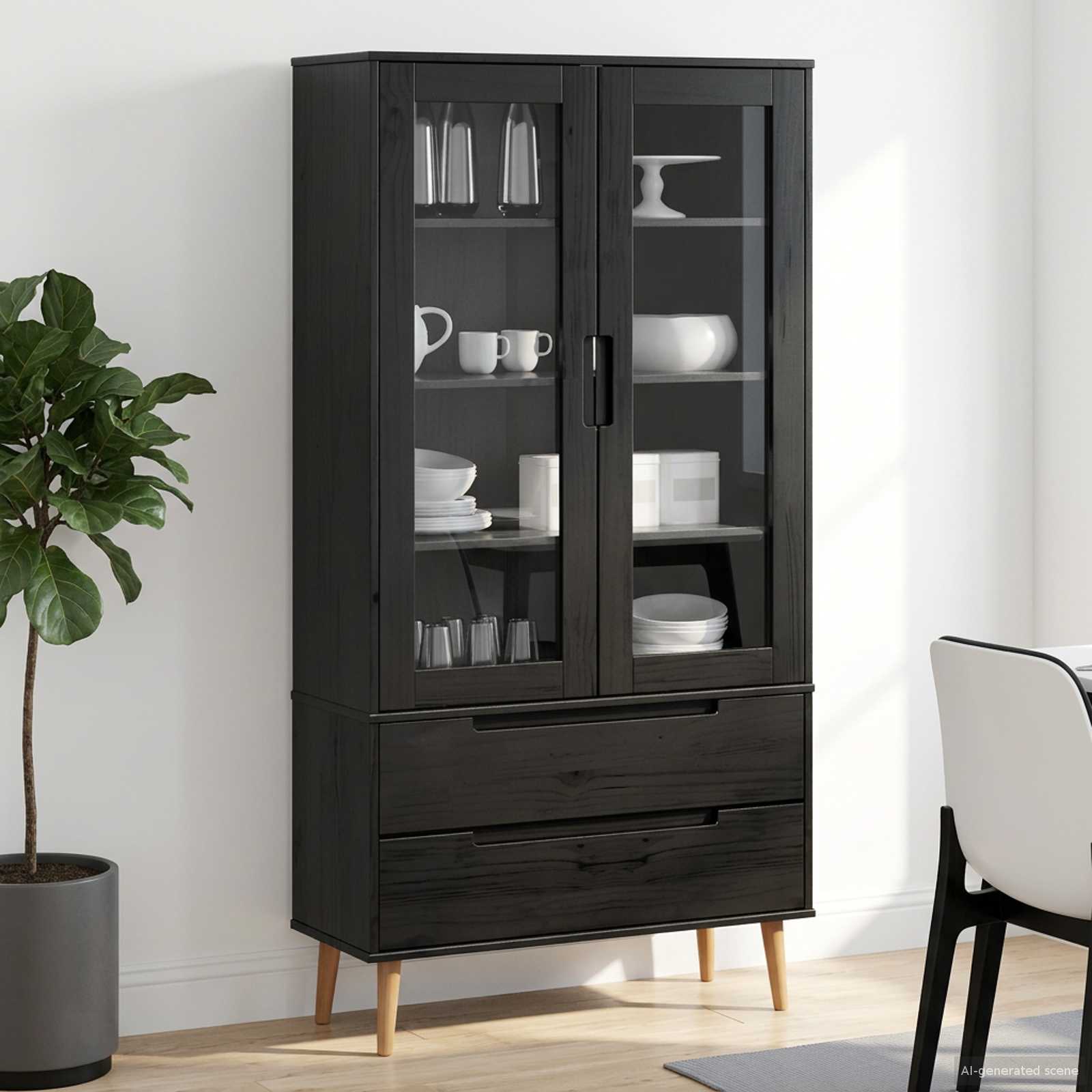 Glasvitrine MOLDE 90 x 35 x 175 cm Massives Kiefernholz Schwarz
