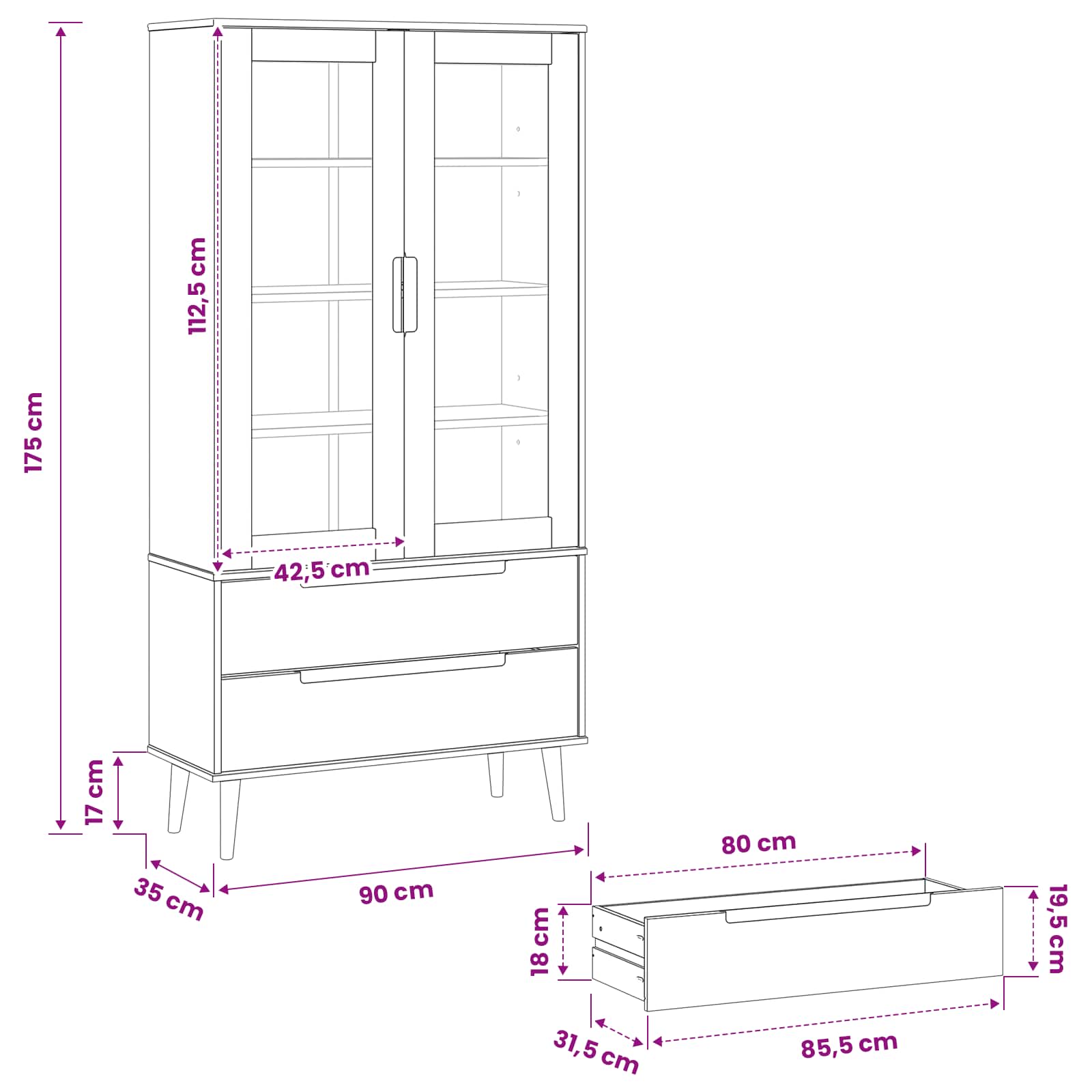 Glasvitrine MOLDE 90 x 35 x 175 cm Massives Kiefernholz Schwarz