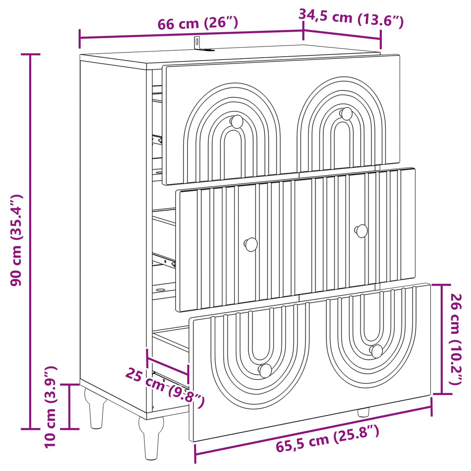 Schubladenschrank Geräucherte Eiche 66 x 34,5 x 90 cm