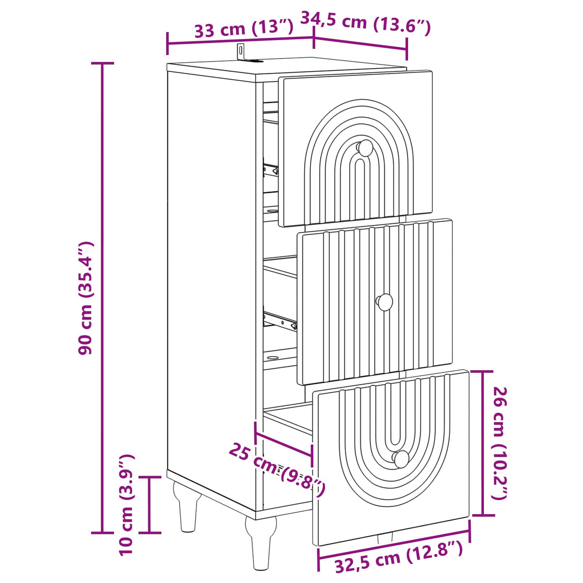 Schubladenschrank 33 x 34,5 x 90 cm Holzwerkstoff
