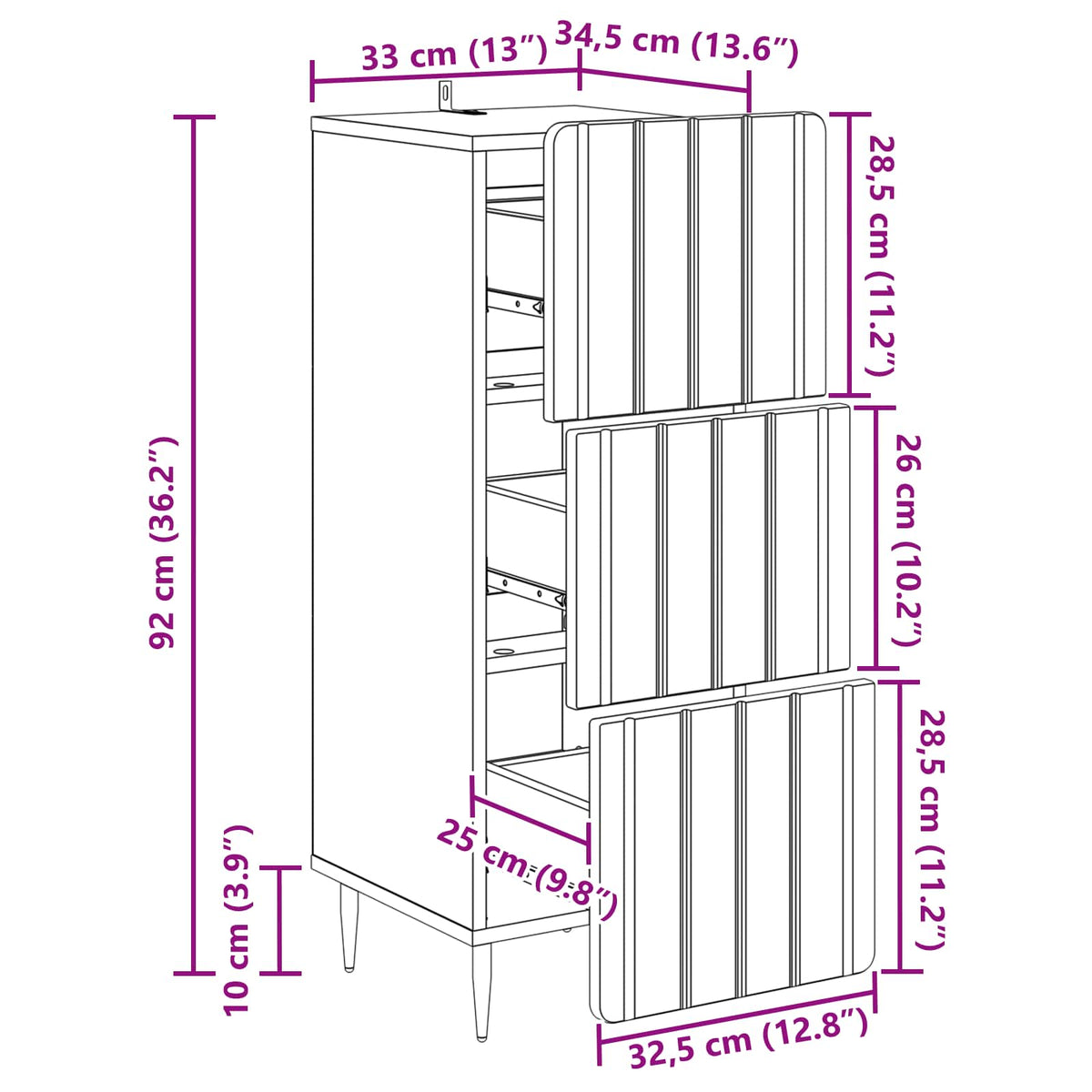 Schubladenschrank 33 x 34,5 x 92 cm Holzwerkstoff Räuchereiche