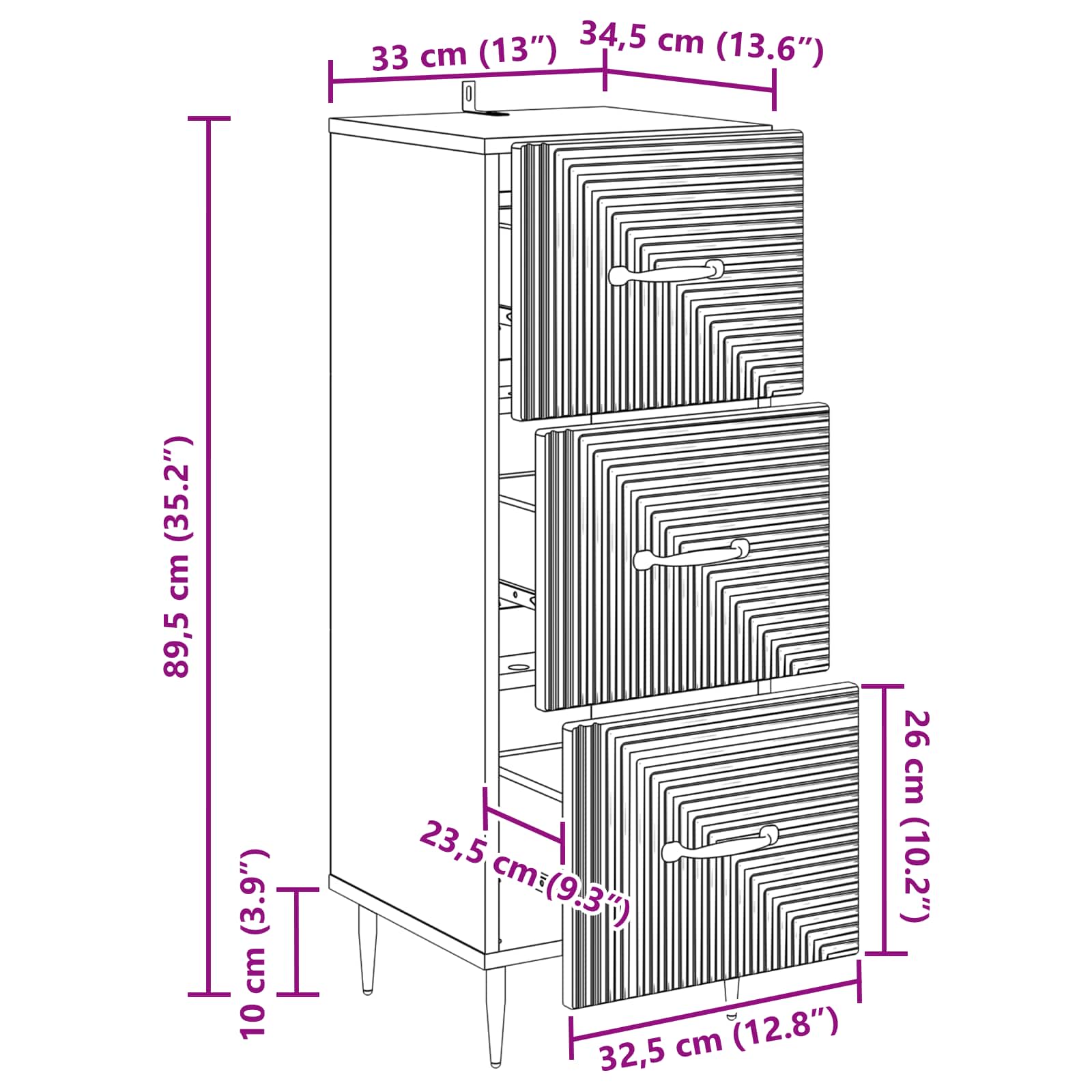 Schubladenschrank Hochglanz Weiß 33 x 34,5 x 89,5 cm