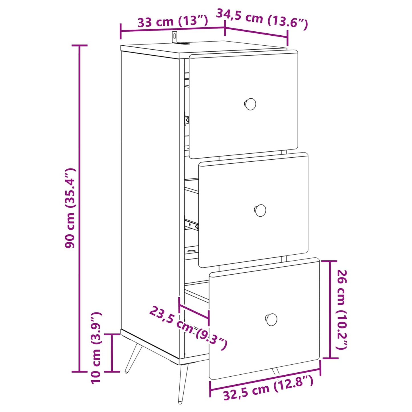Schubladenschrank Geräucherte Eiche 33 x 34,5 x 90 cm
