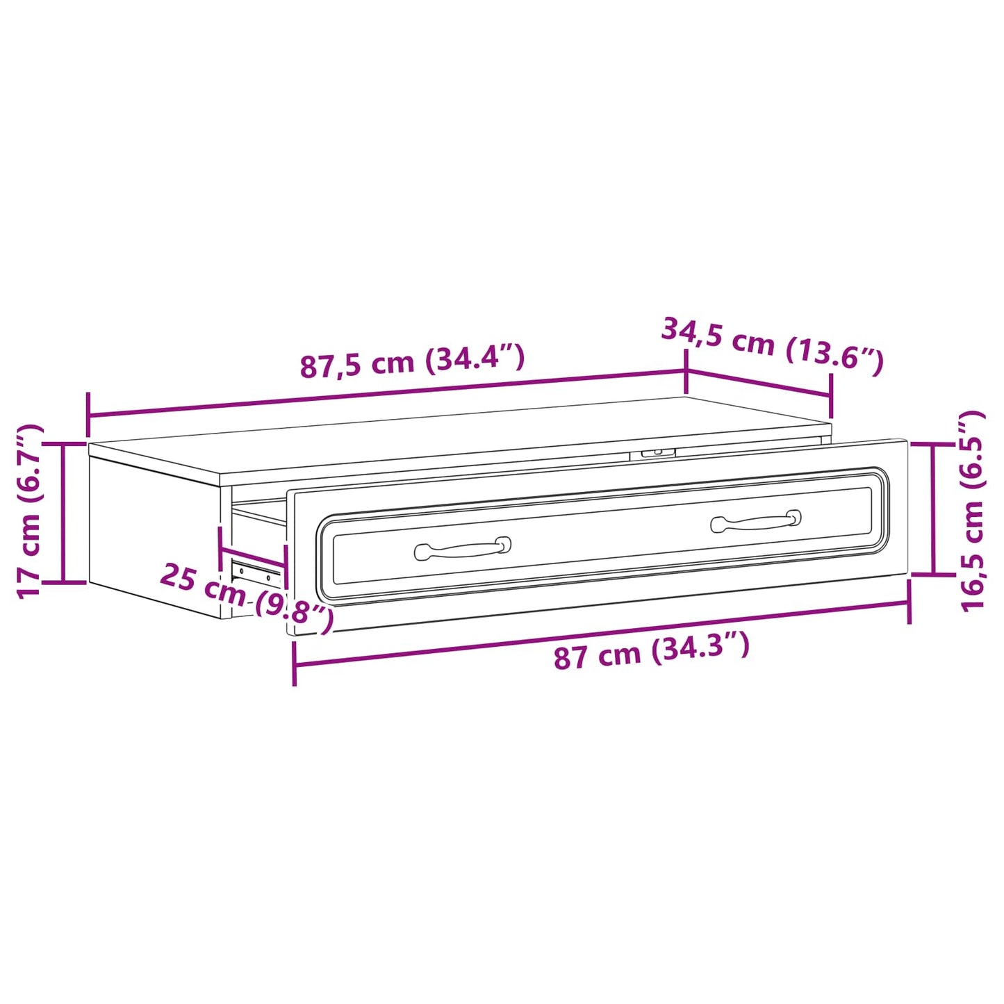Wandmontierter Beistelltisch Weiß 87,5 x 34,5 x 17 cm