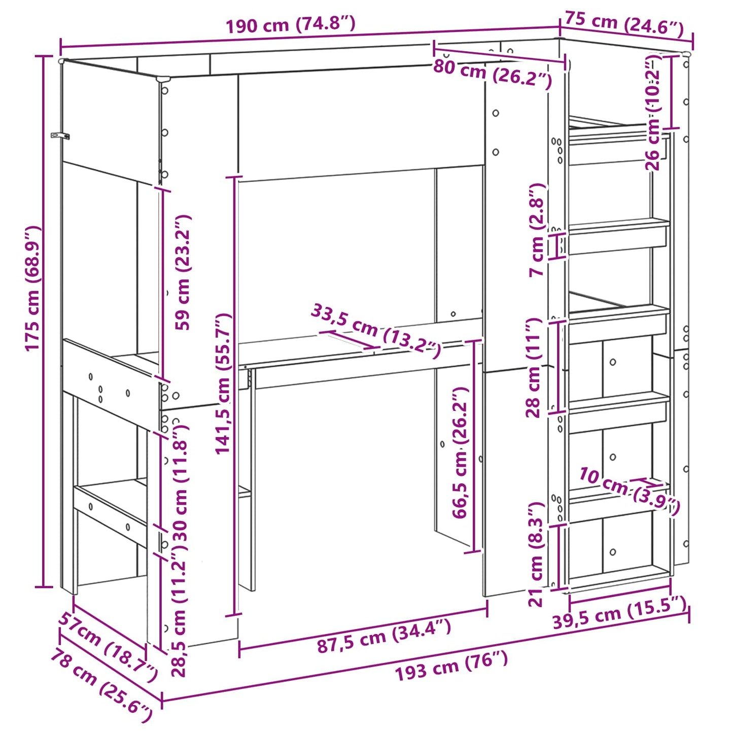 Etagenbettgestell mit Schreibtisch Beton Grau 75 x 190 cm