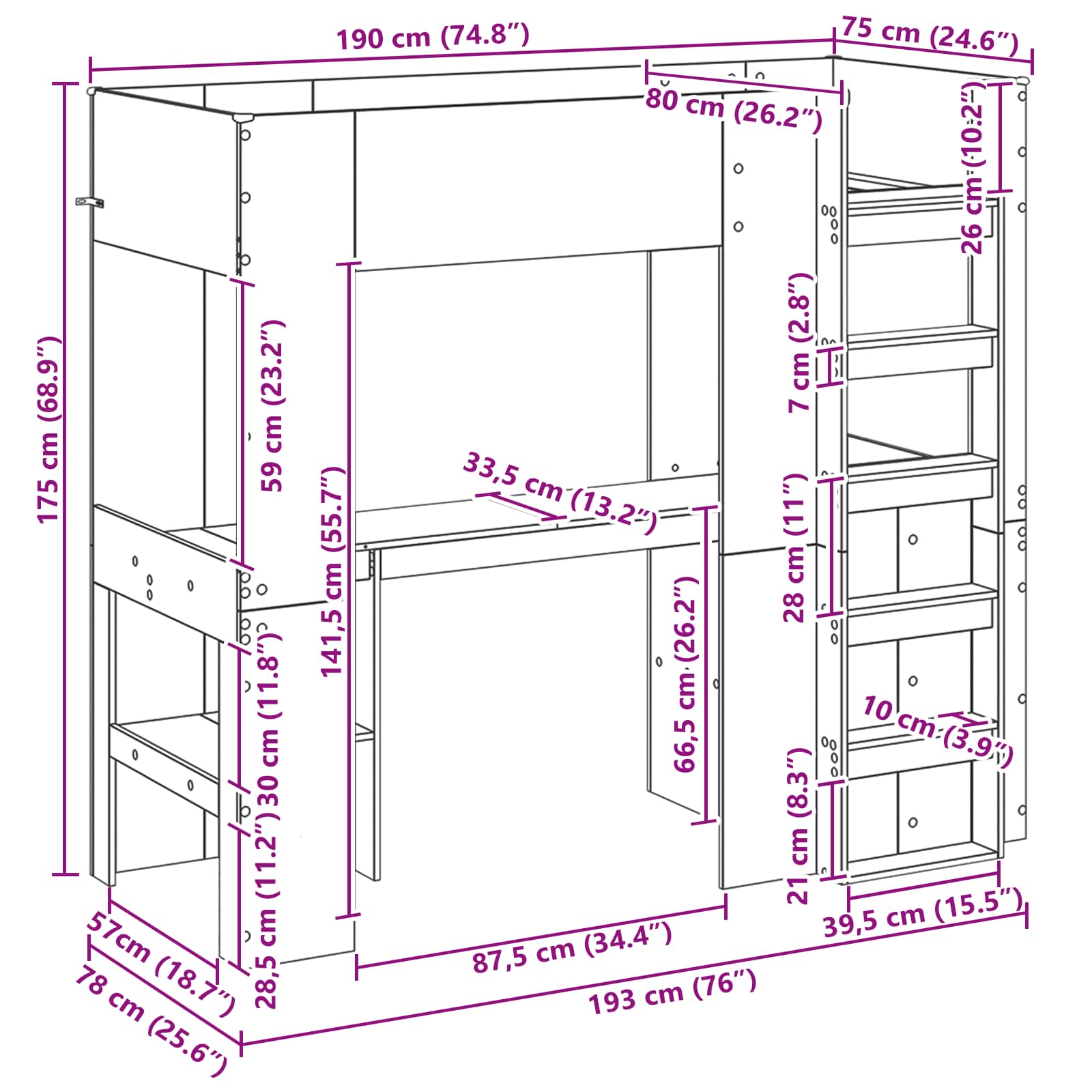 Etagenbettgestell mit Schreibtisch Beton Grau 75 x 190 cm