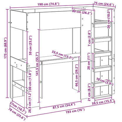 Etagenbettgestell mit Schreibtisch Beton Grau 75 x 190 cm