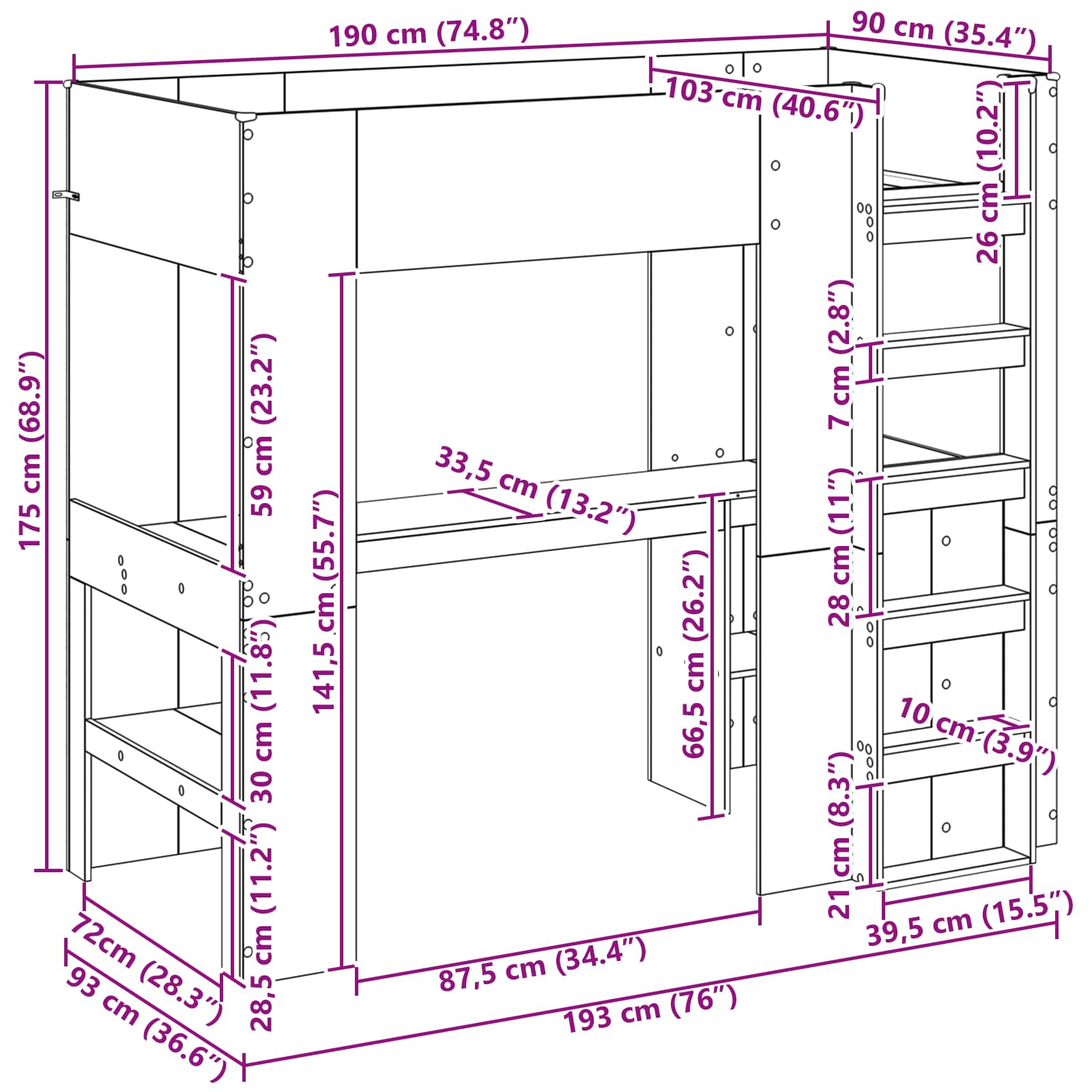 Etagenbettgestell mit Schreibtisch Artisan-Eiche 90 x 190 cm