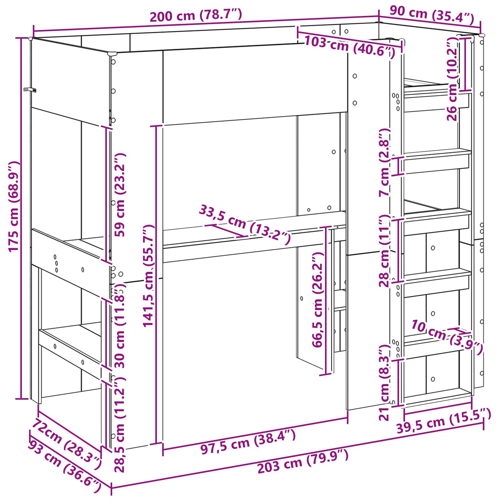 Etagenbettgestell mit Schreibtisch Beton Grau 90 x 200 cm