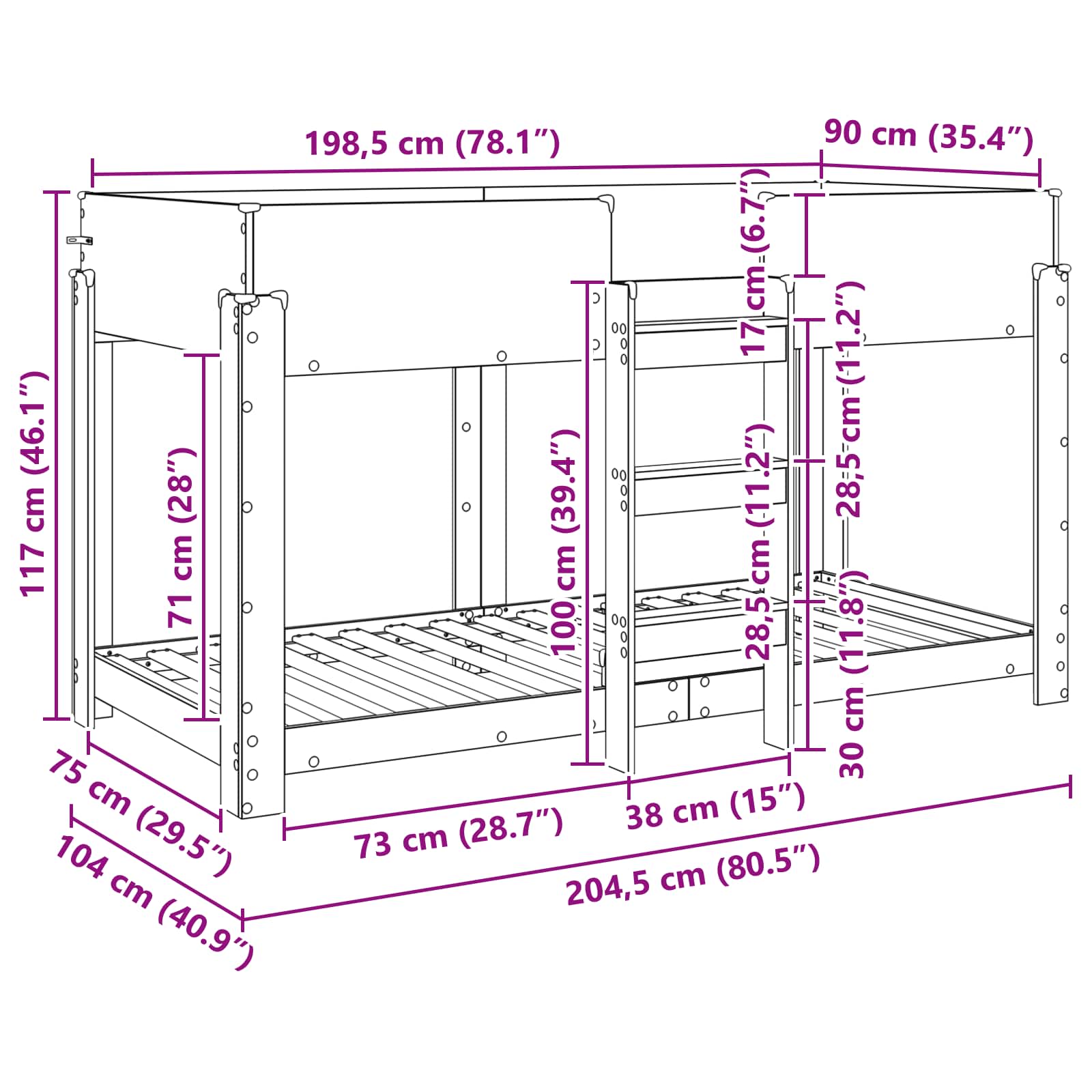 Etagenbett für Kinder Geräucherte Eiche 90 x 200 cm