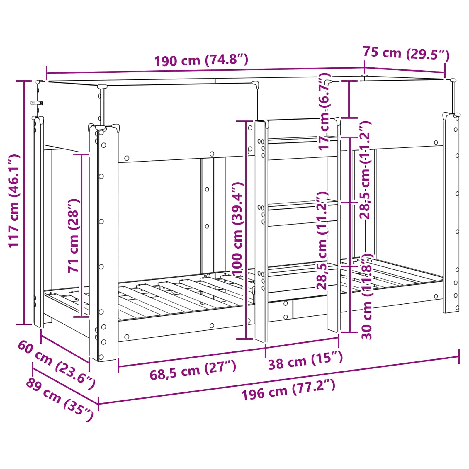Etagenbett für Kinder Geräucherte Eiche 75 x 190 cm