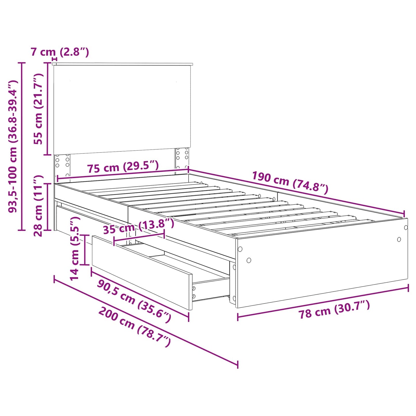 Aufbewahrungsbett Sonoma-Eiche 75 x 190 cm Holzwerkstoff
