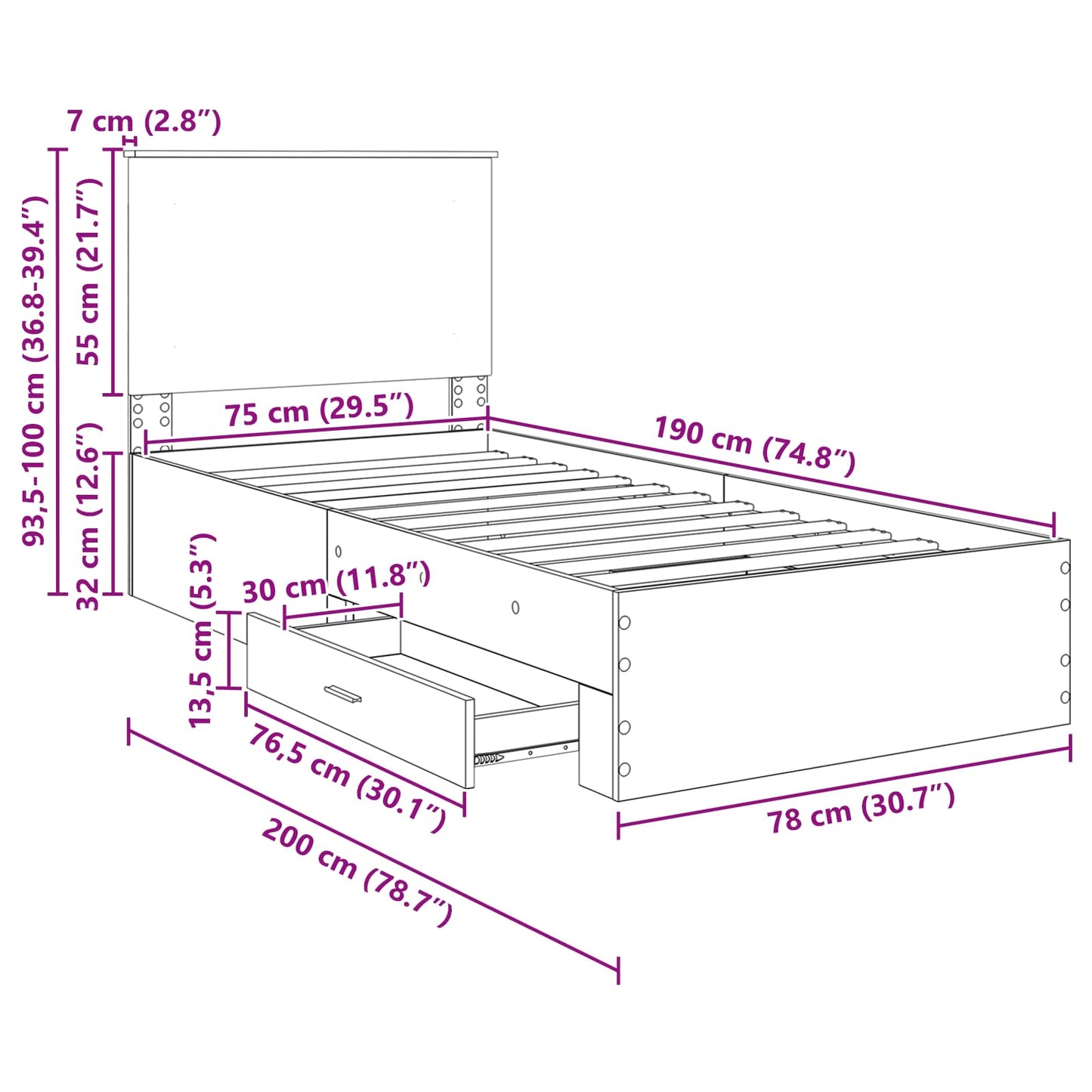 Bettrahmen Sonoma Eiche und Silber 75 x 190 cm Holzwerkstoff