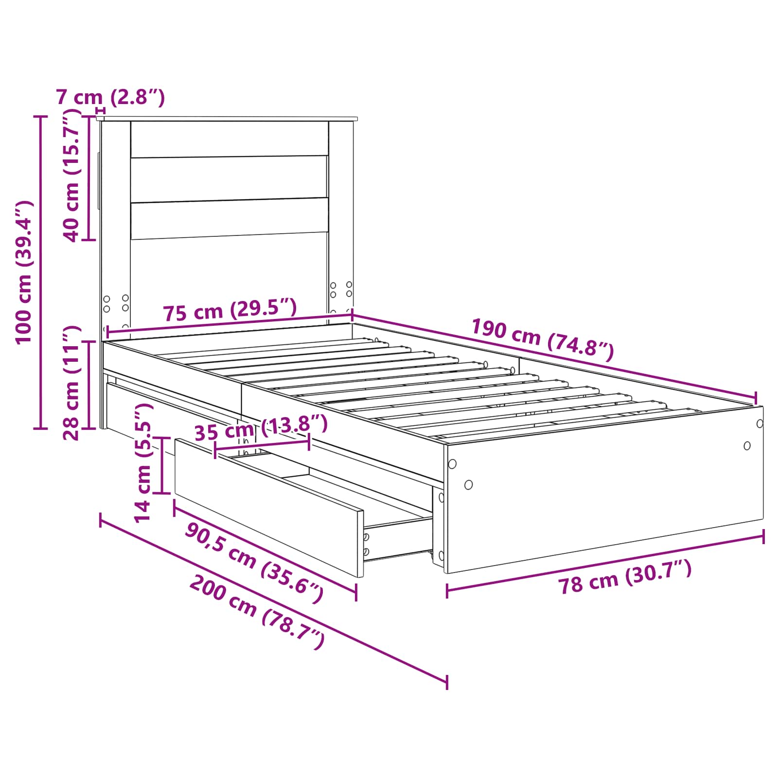 Aufbewahrungsbett Sonoma-Eiche 75 x 190 cm Holzwerkstoff