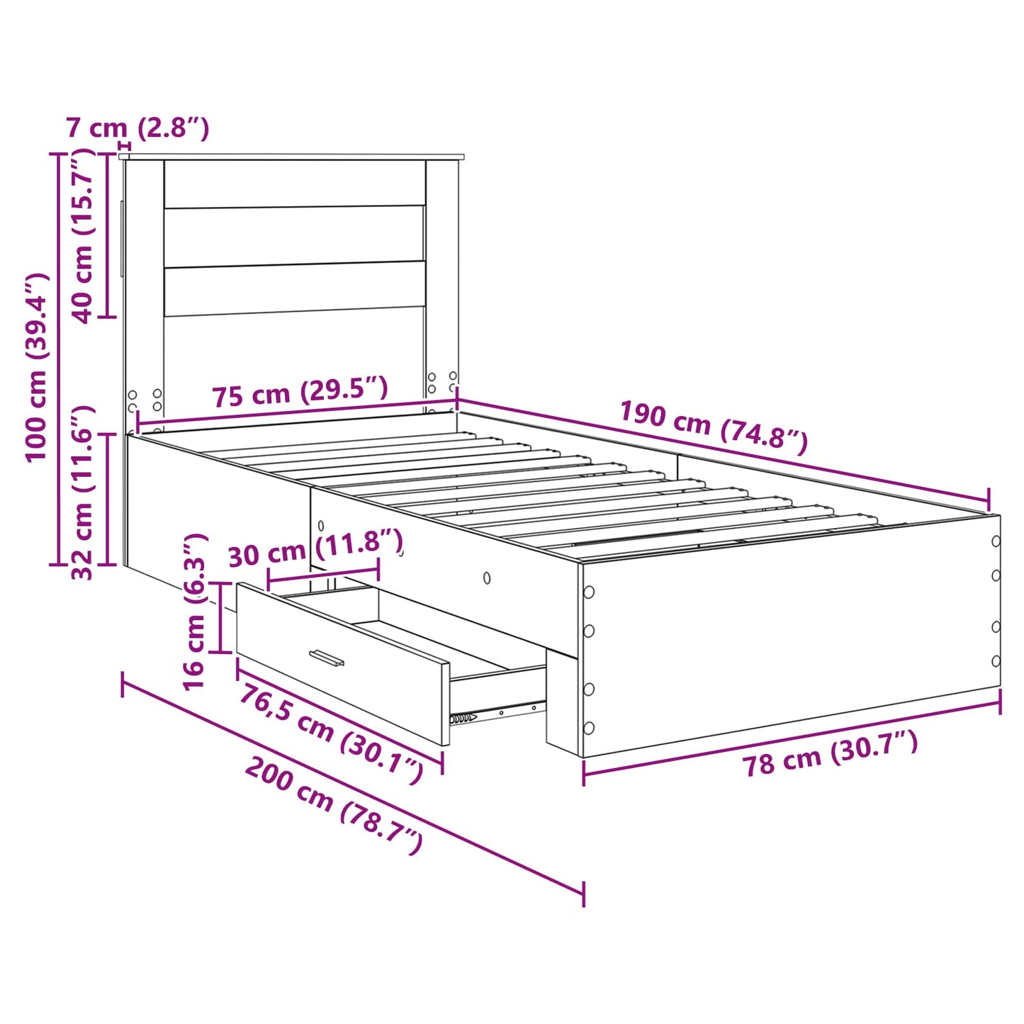 Bettrahmen Sonoma Eiche und Silber 75 x 190 cm Holzwerkstoff