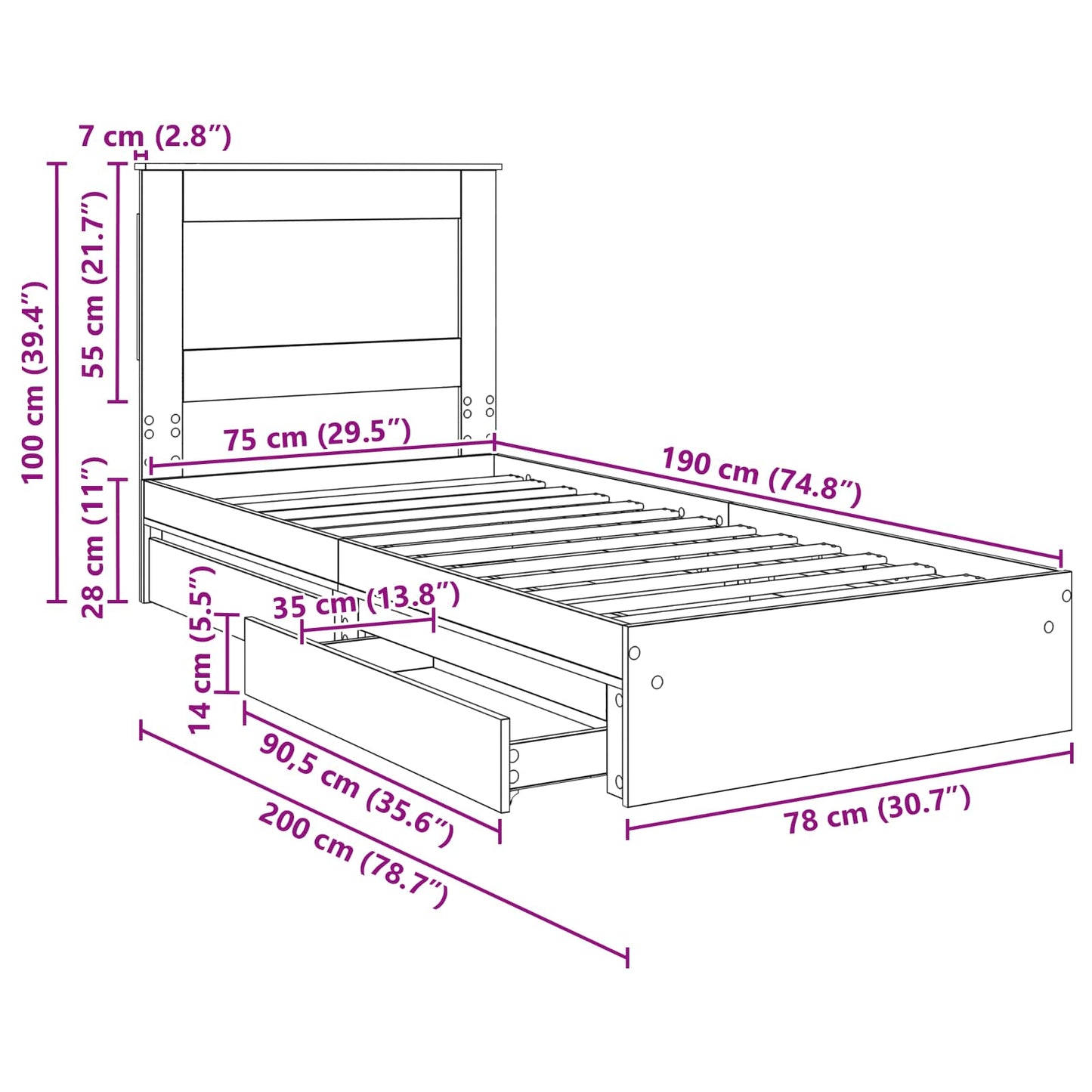 Aufbewahrungsbett Sonoma-Eiche 75 x 190 cm Holzwerkstoff