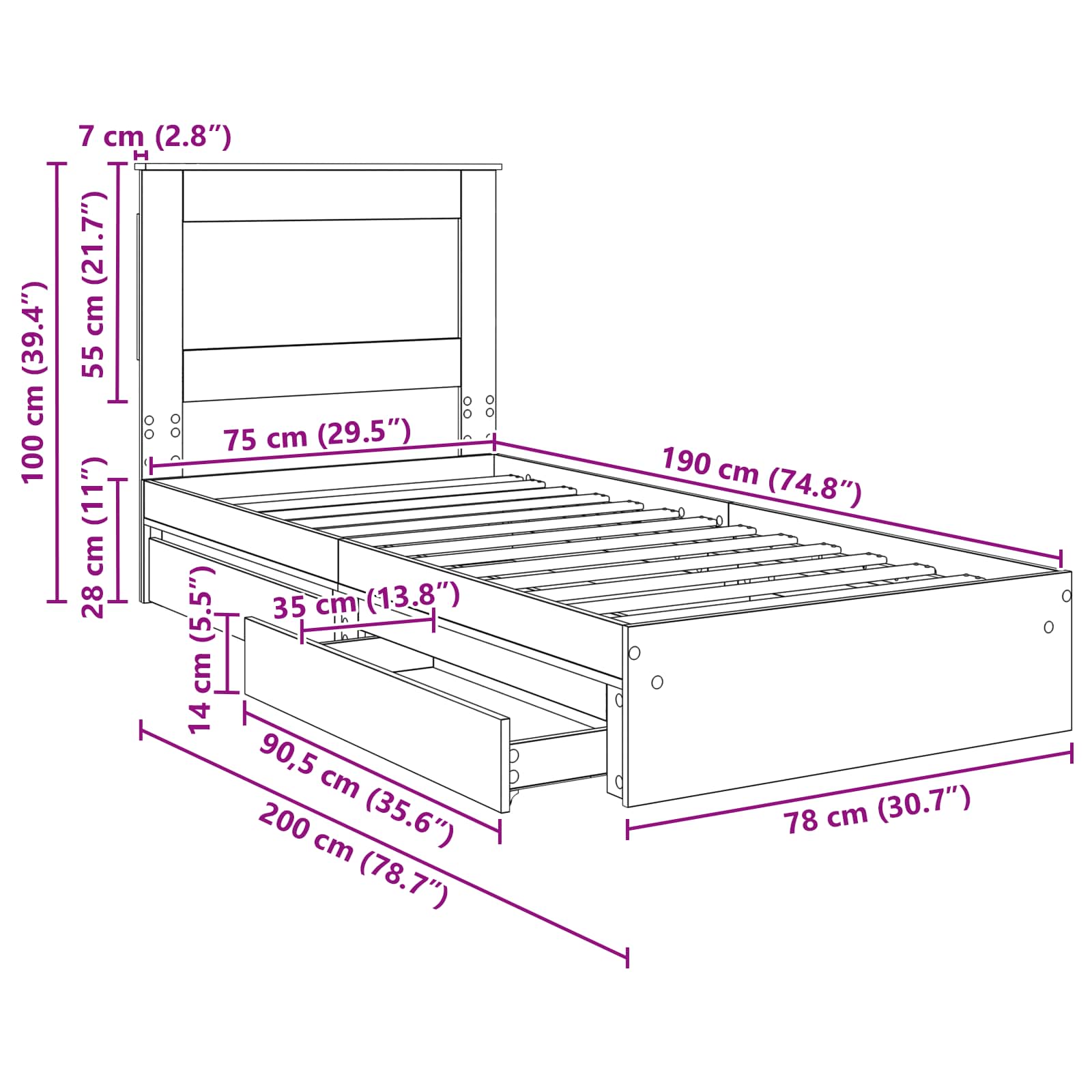 Aufbewahrungsbett Sonoma-Eiche 75 x 190 cm Holzwerkstoff