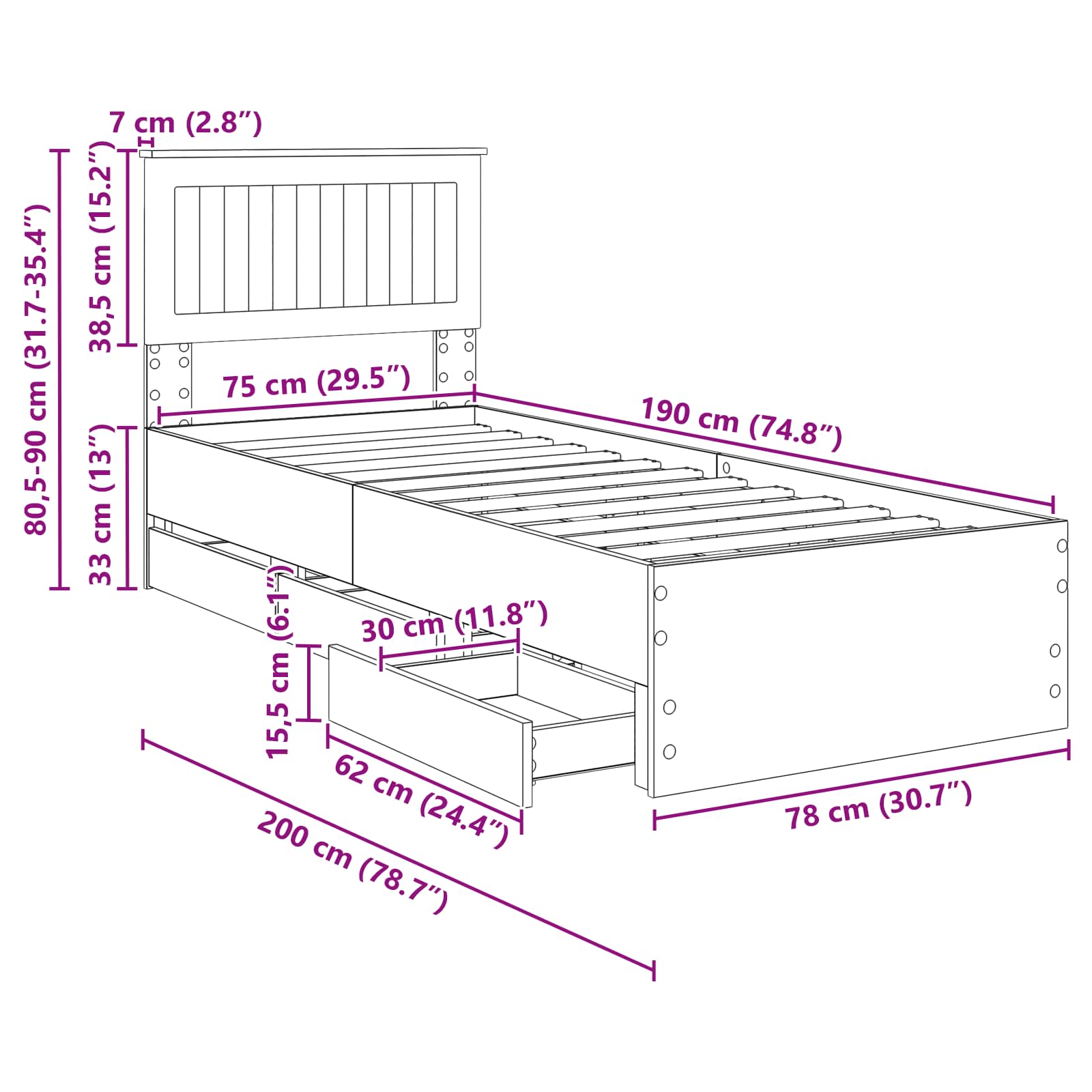 Bettrahmen Sonoma-Eiche 75 x 190 cm Ingenieurs Holz