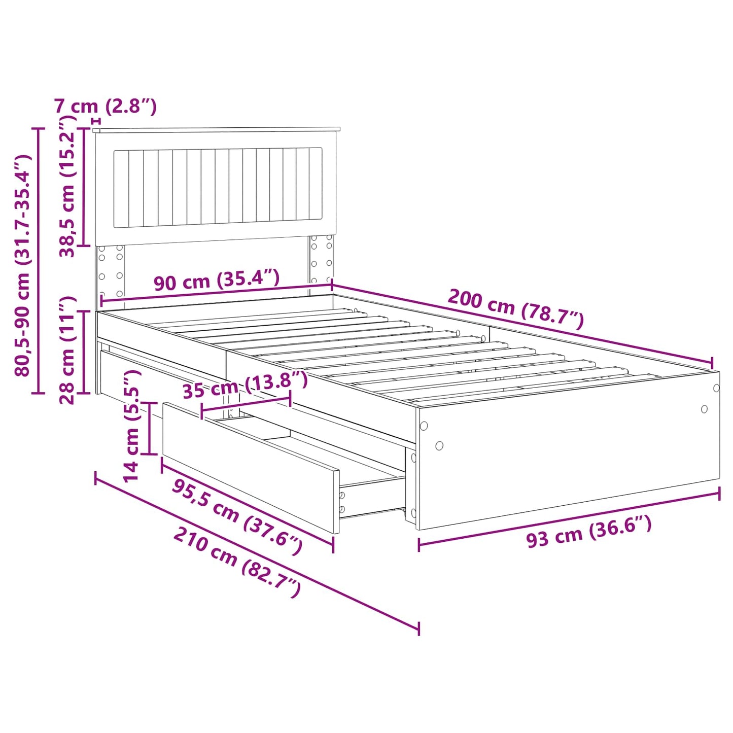 Aufbewahrungsbett Sonoma-Eiche 90 x 200 cm Holzwerkstoff