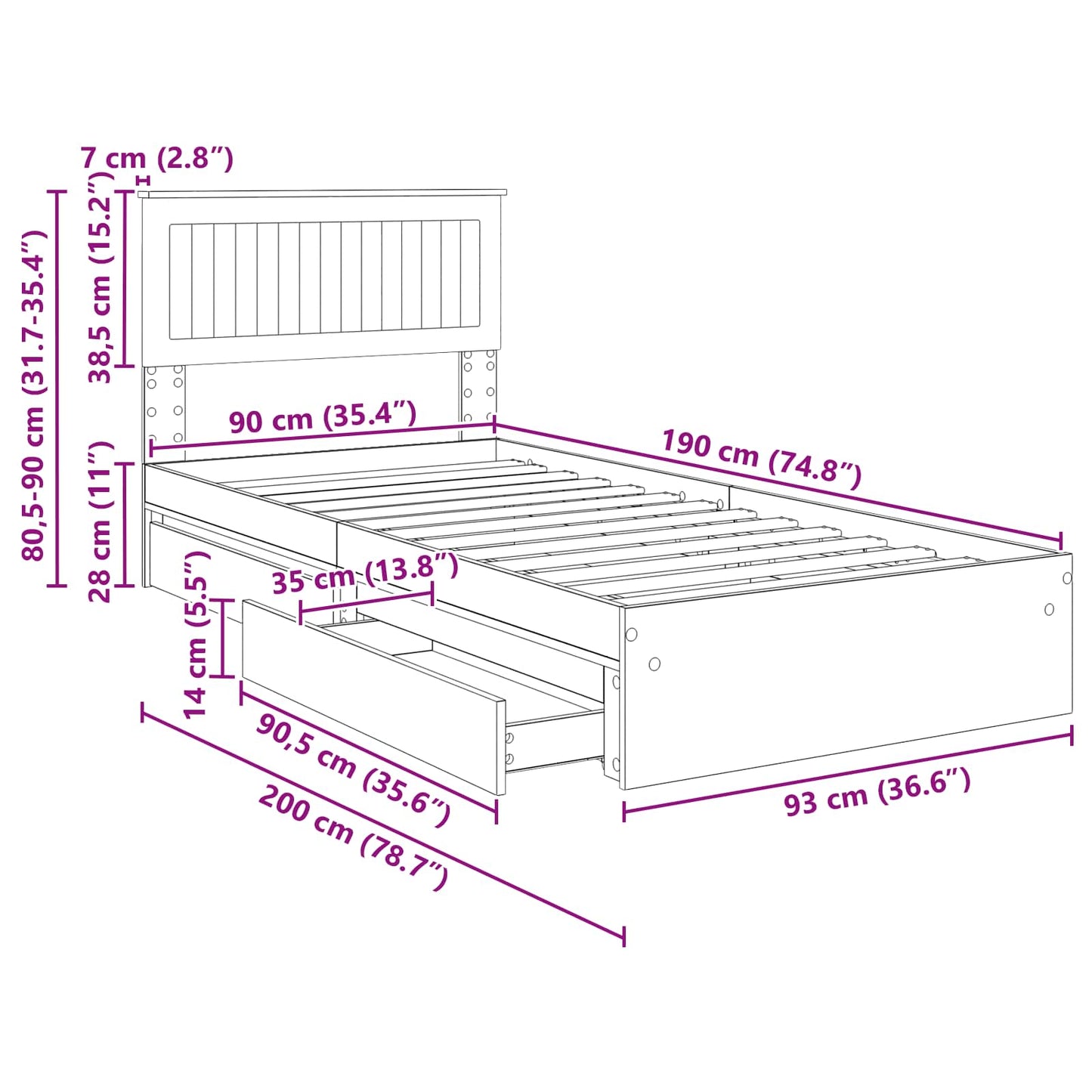 Aufbewahrungsbett Sonoma-Eiche 90 x 190 cm Holzwerkstoff