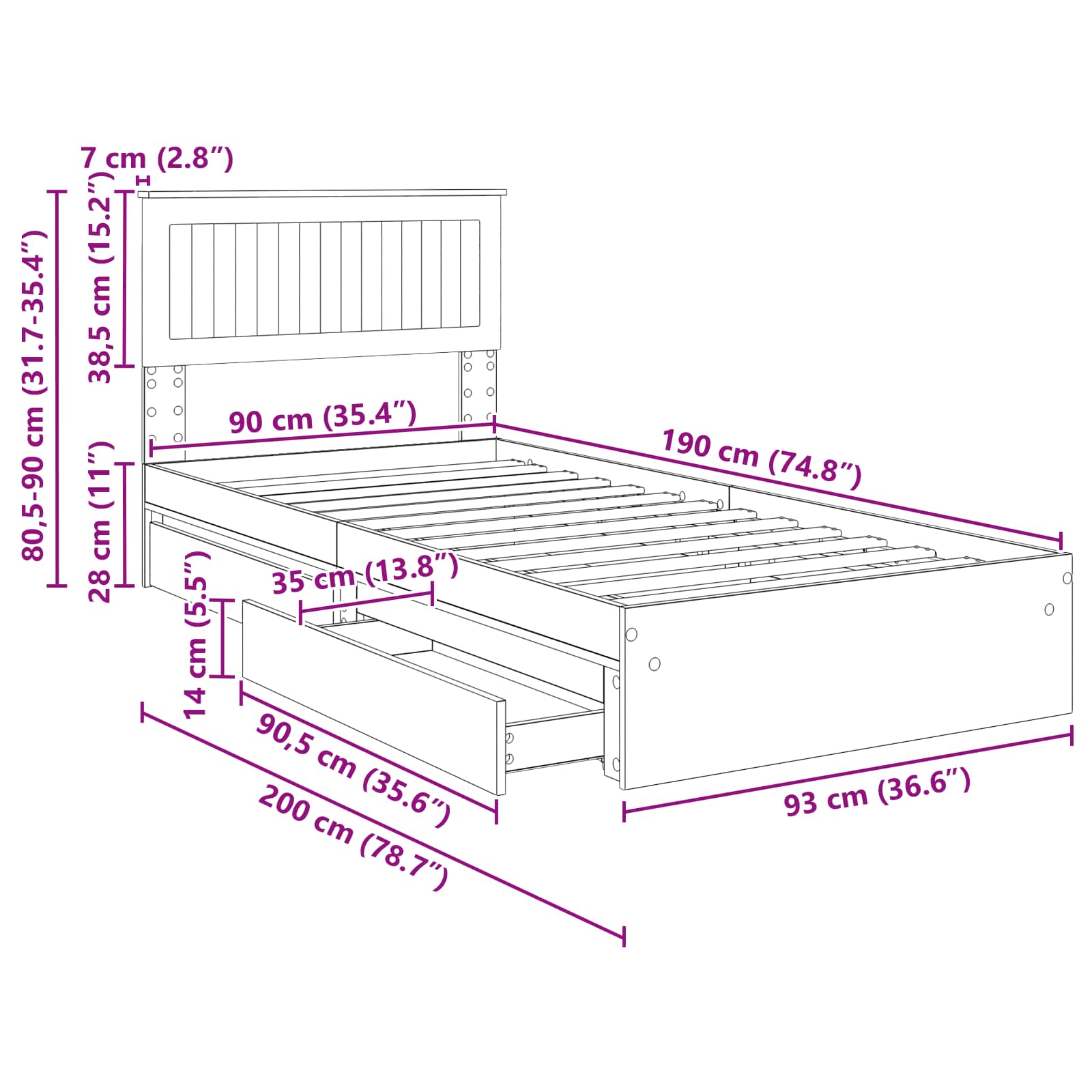Aufbewahrungsbett Sonoma-Eiche 90 x 190 cm Holzwerkstoff