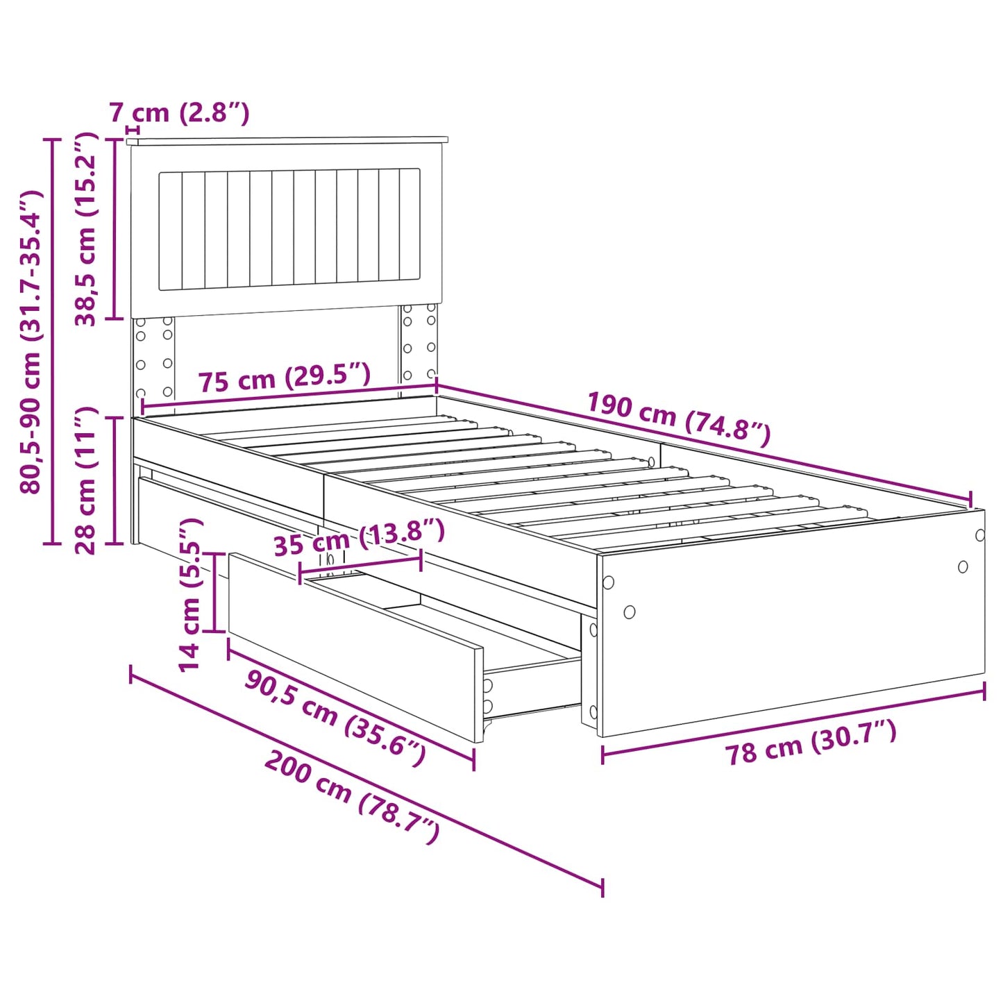 Aufbewahrungsbett Sonoma-Eiche 75 x 190 cm Holzwerkstoff