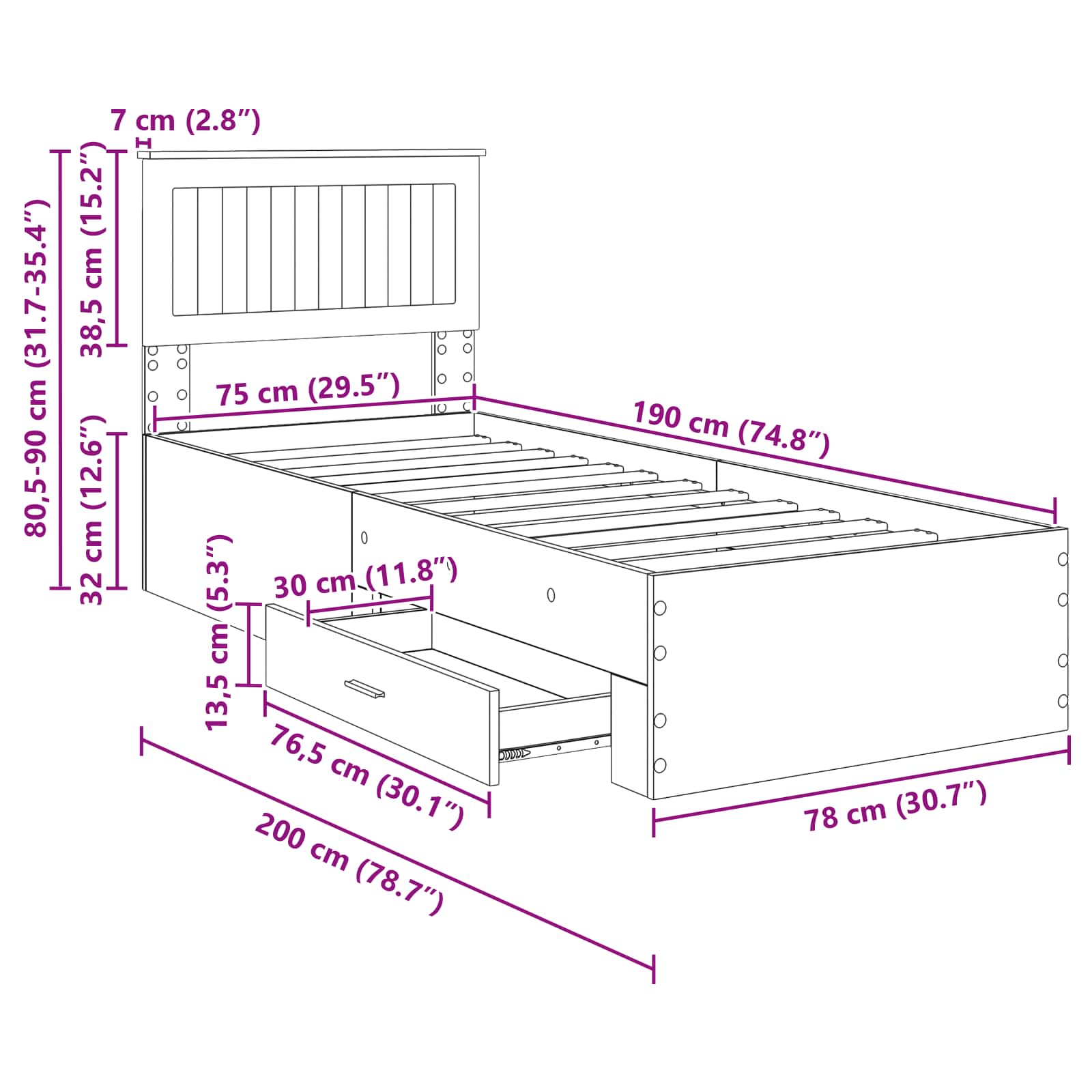 Bettrahmen Sonoma Eiche und Silber 75 x 190 cm Holzwerkstoff