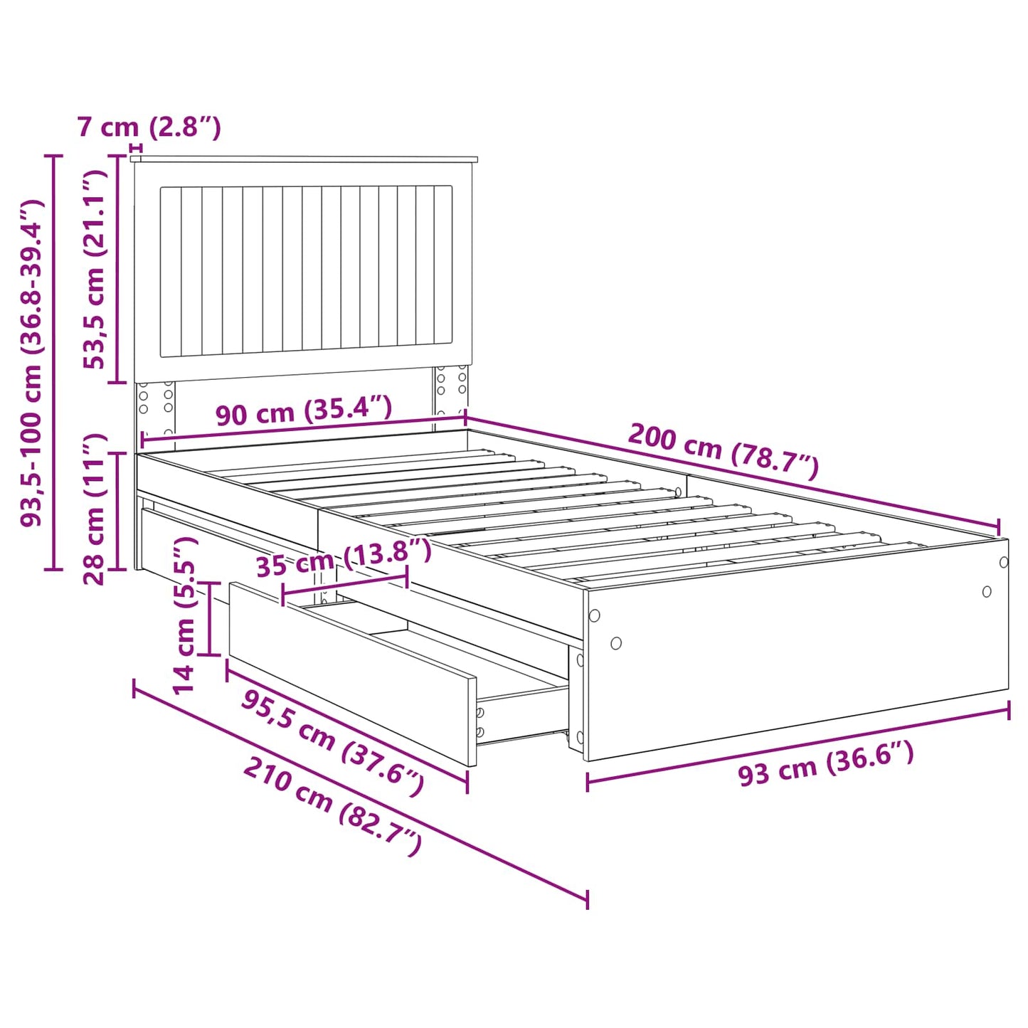 Aufbewahrungsbett Sonoma-Eiche 90 x 200 cm Holzwerkstoff