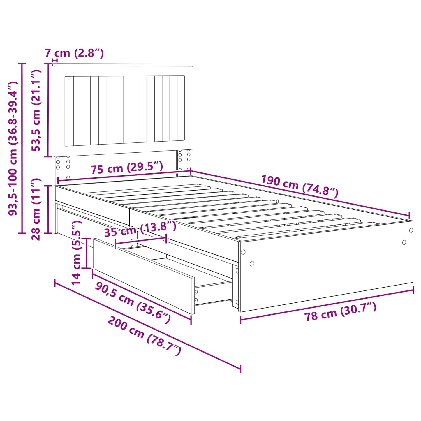 Aufbewahrungsbett Sonoma-Eiche 75 x 190 cm Holzwerkstoff