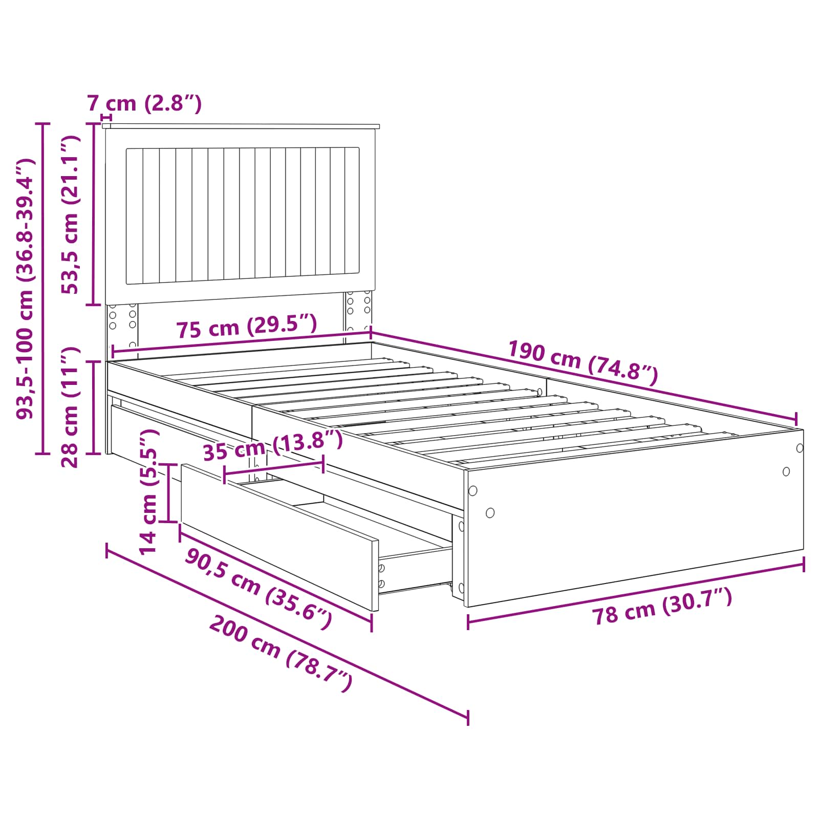 Aufbewahrungsbett Sonoma-Eiche 75 x 190 cm Holzwerkstoff