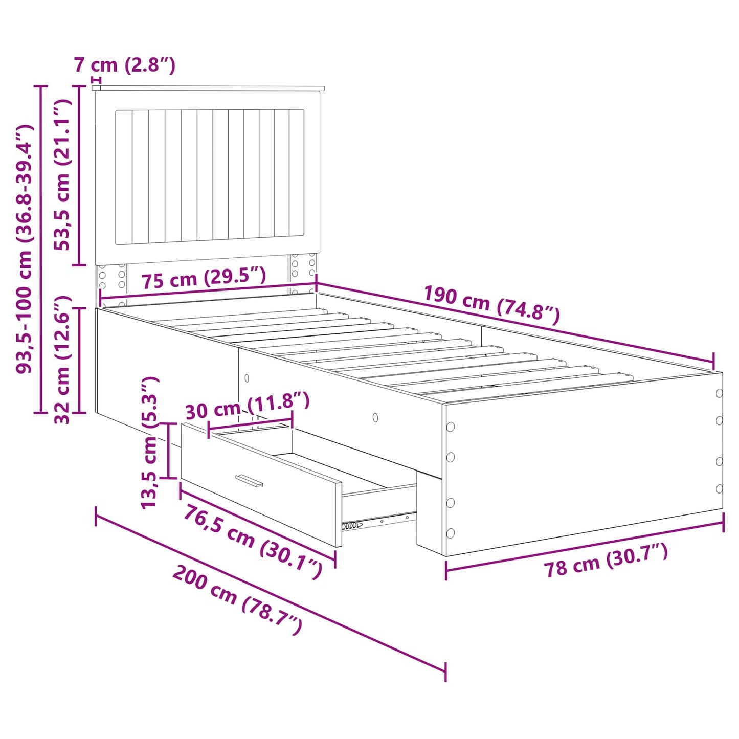 Bettrahmen Sonoma Eiche und Silber 70 x 190 cm Holzwerkstoff