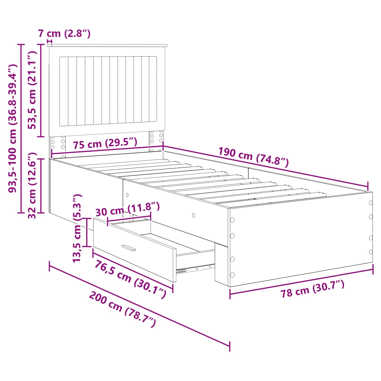 Bettrahmen Sonoma Eiche und Silber 70 x 190 cm Holzwerkstoff