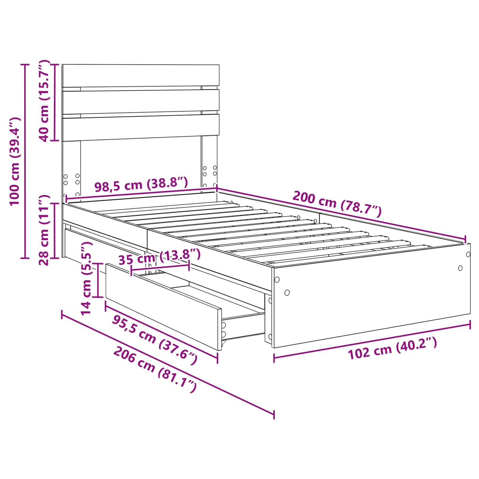 Aufbewahrungsbett Sonoma-Eiche 100 x 200 cm Holzwerkstoff