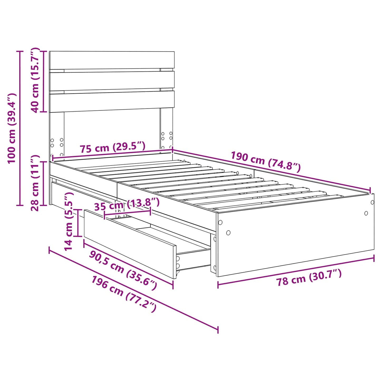 Aufbewahrungsbett Sonoma-Eiche 75 x 190 cm Holzwerkstoff