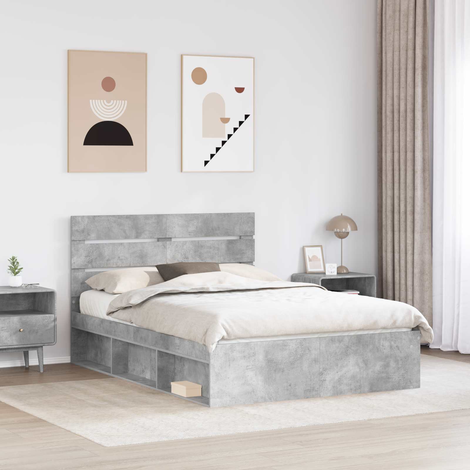 Bettrahmen mit Kopfteil Beton 140 x 190 cm Massives Kiefernholz