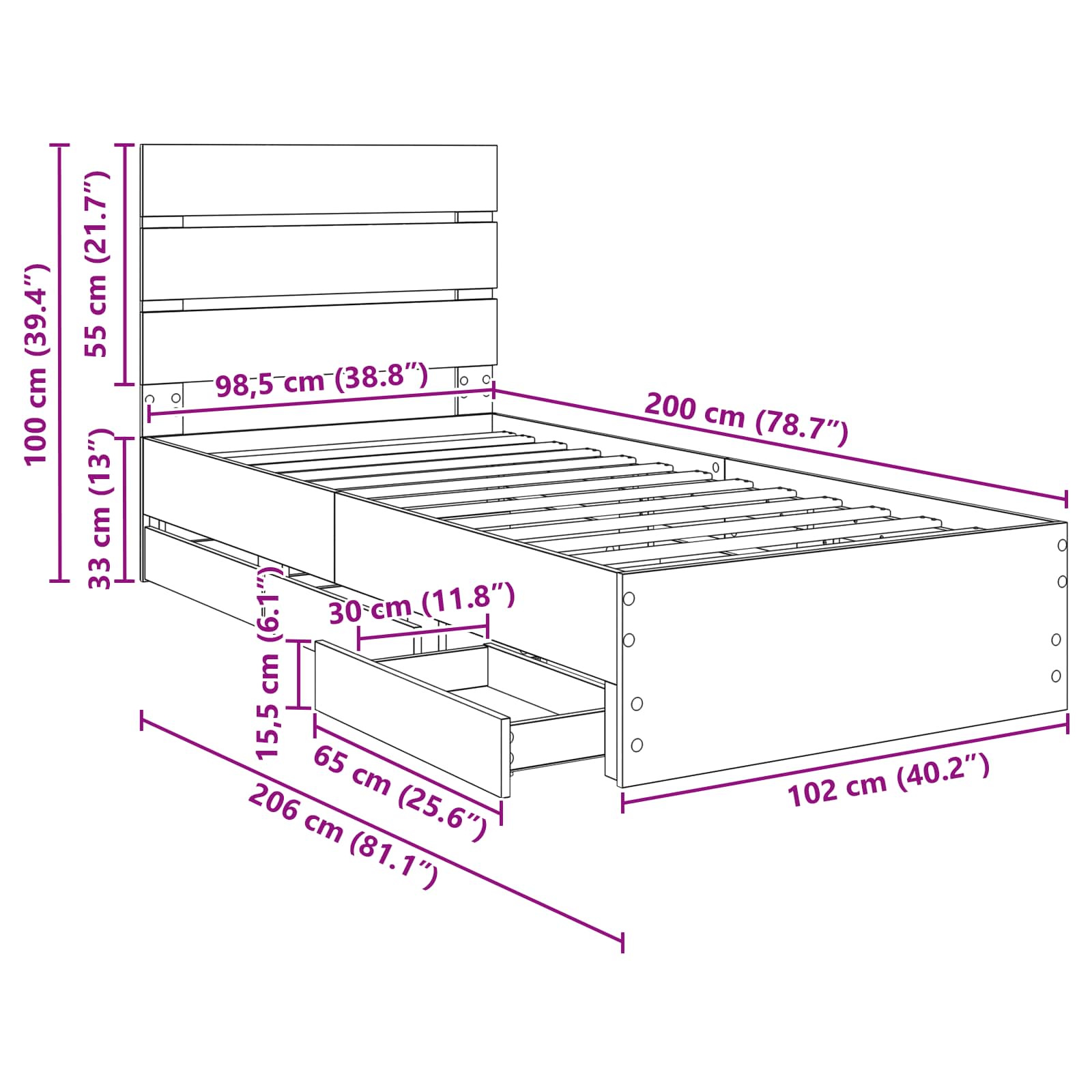 Bettrahmen Sonoma-Eiche 100 x 200 cm Ingenieurs Holz