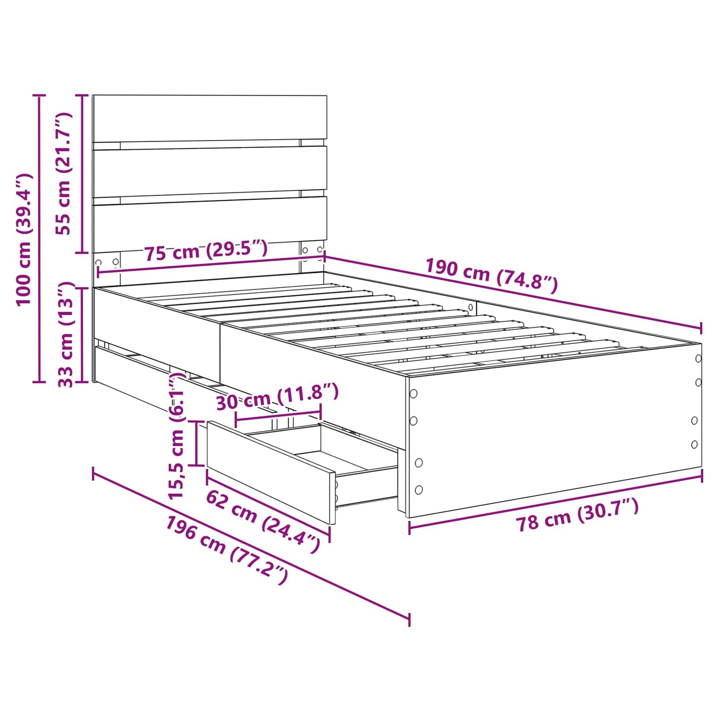 Bettrahmen Sonoma-Eiche 75 x 190 cm Ingenieurs Holz
