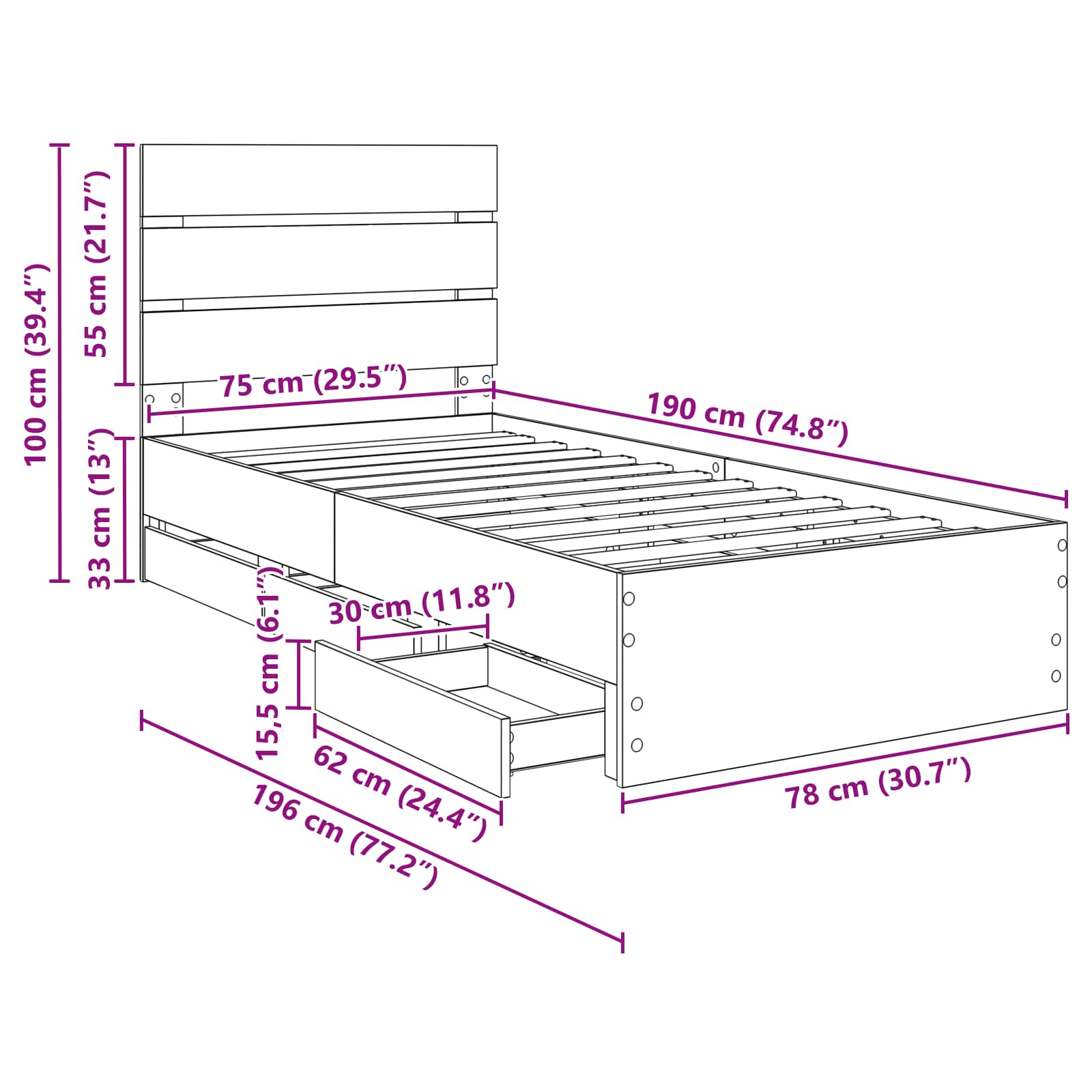 Bettrahmen Sonoma-Eiche 75 x 190 cm Ingenieurs Holz