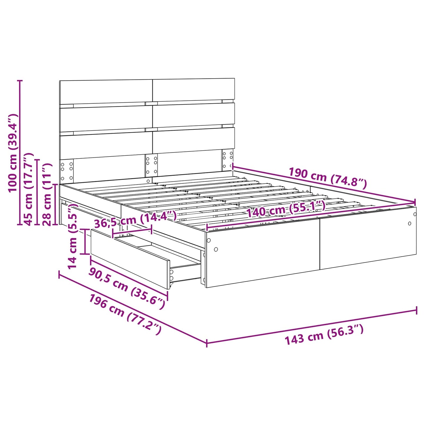 Aufbewahrungsbett Sonoma-Eiche 140 x 190 cm Holzwerkstoff