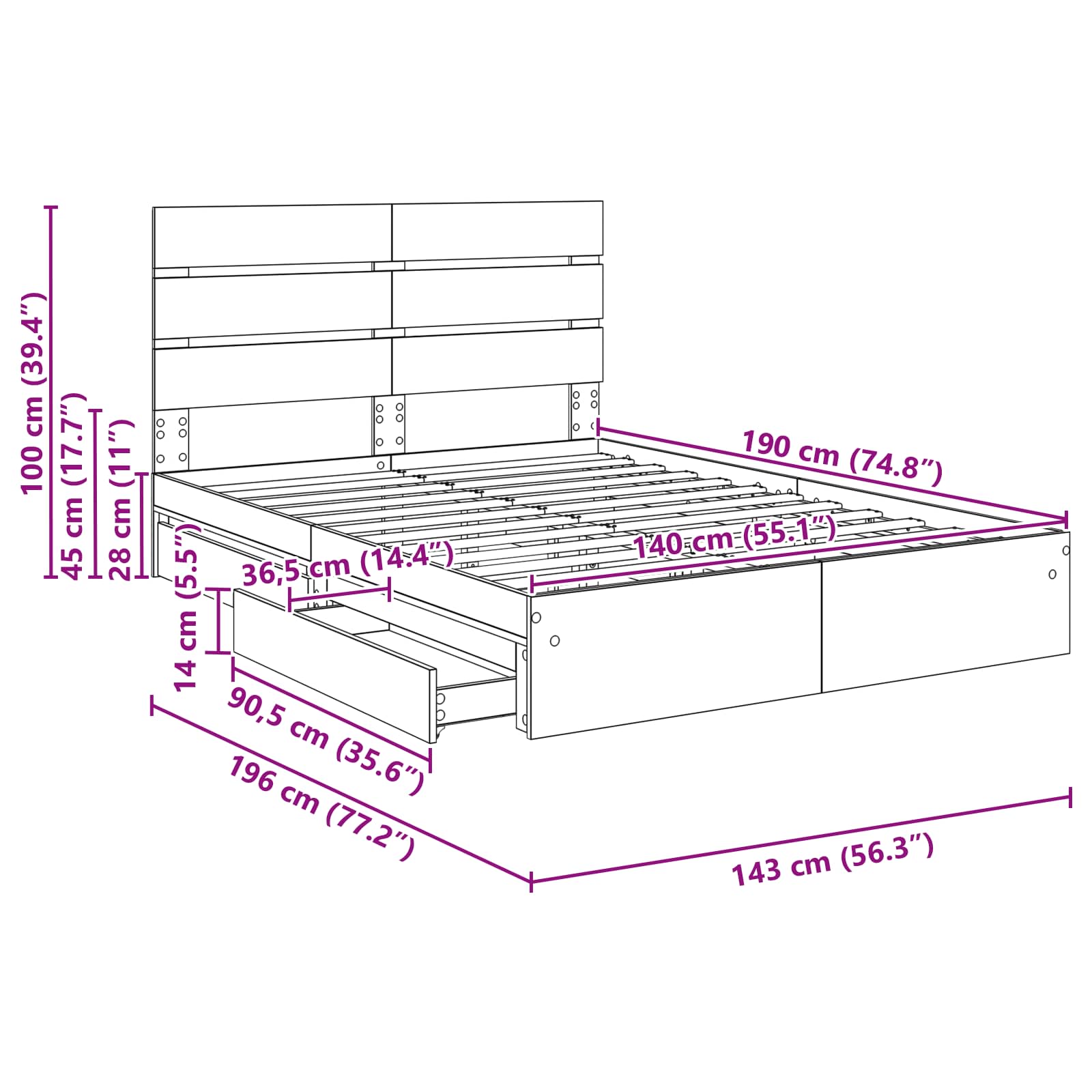 Aufbewahrungsbett Sonoma-Eiche 140 x 190 cm Holzwerkstoff