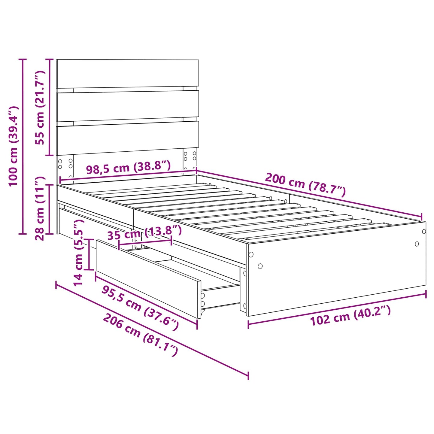 Aufbewahrungsbett Sonoma-Eiche 100 x 200 cm Holzwerkstoff