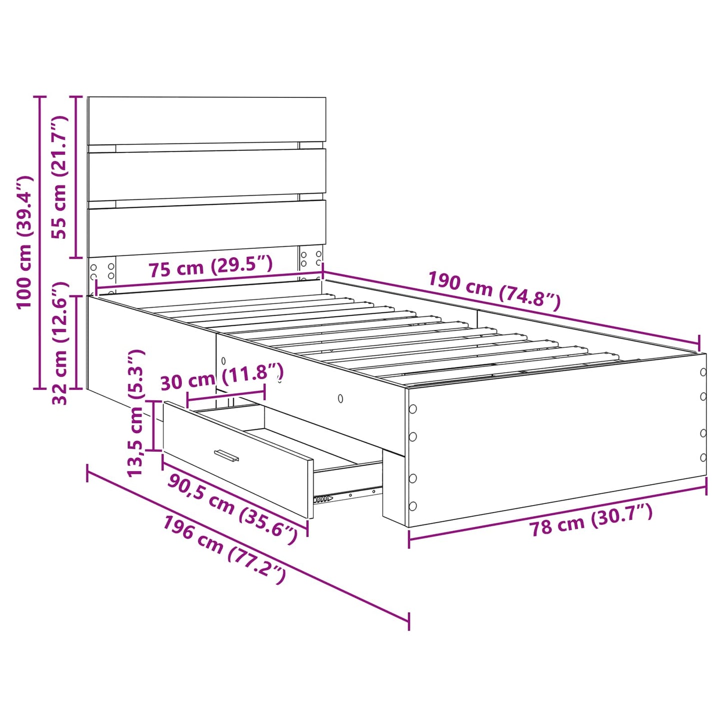 Bettrahmen Sonoma Eiche und Silber 75 x 190 cm Holzwerkstoff