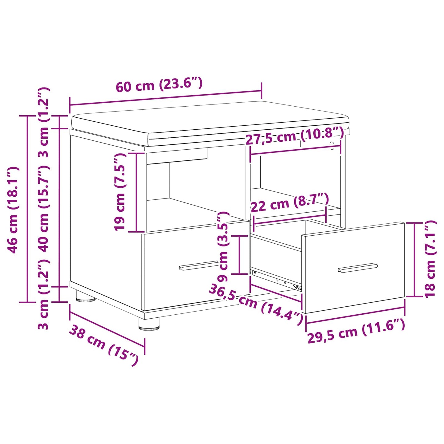 Flurbank Betongrau 60 x 38 x 46 cm