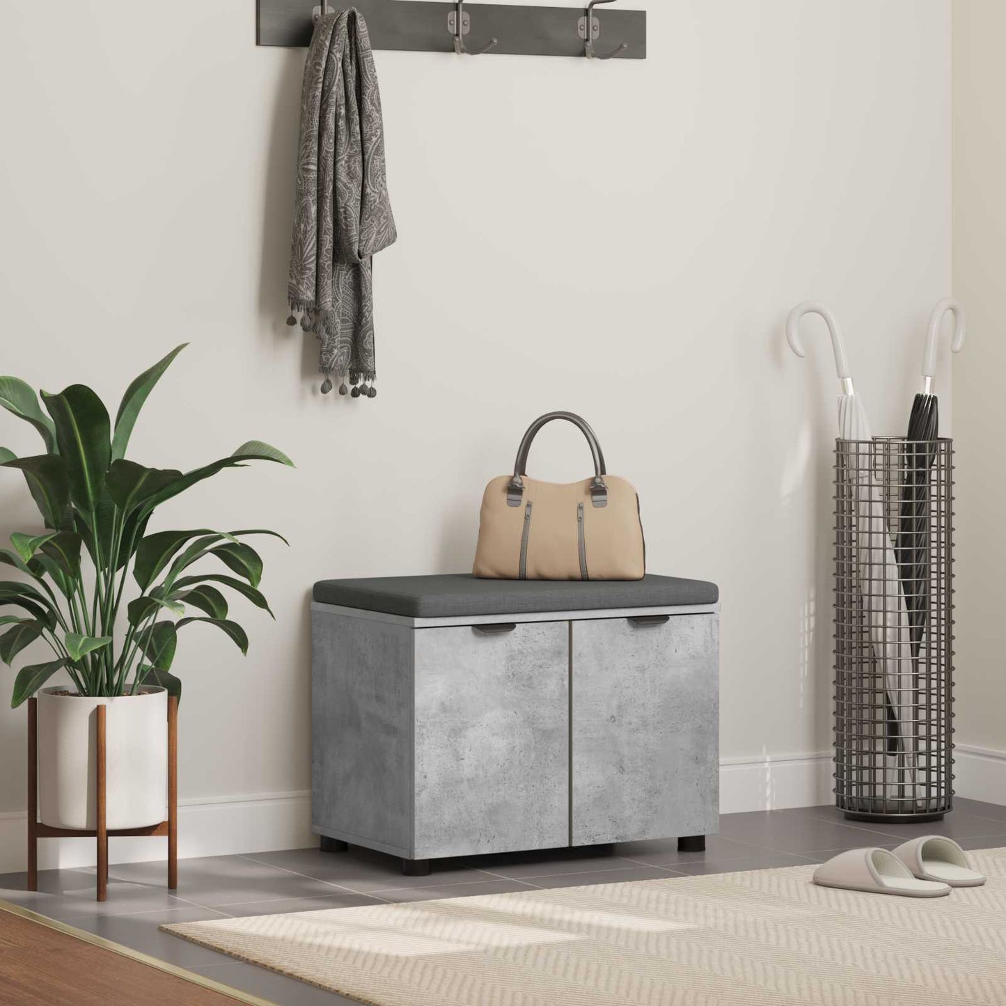 Flurbank mit Kissen mit Regal mit Tür Betongrau 60 x 38 x 46 cm