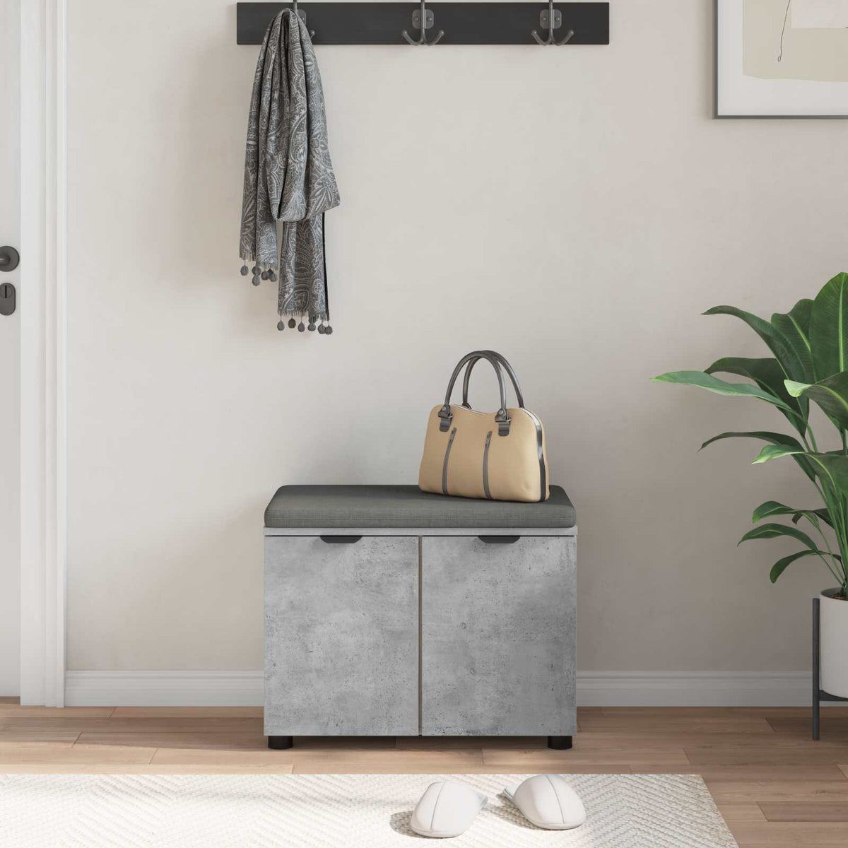 Flurbank mit Kissen mit Regal mit Tür Betongrau 60 x 38 x 46 cm