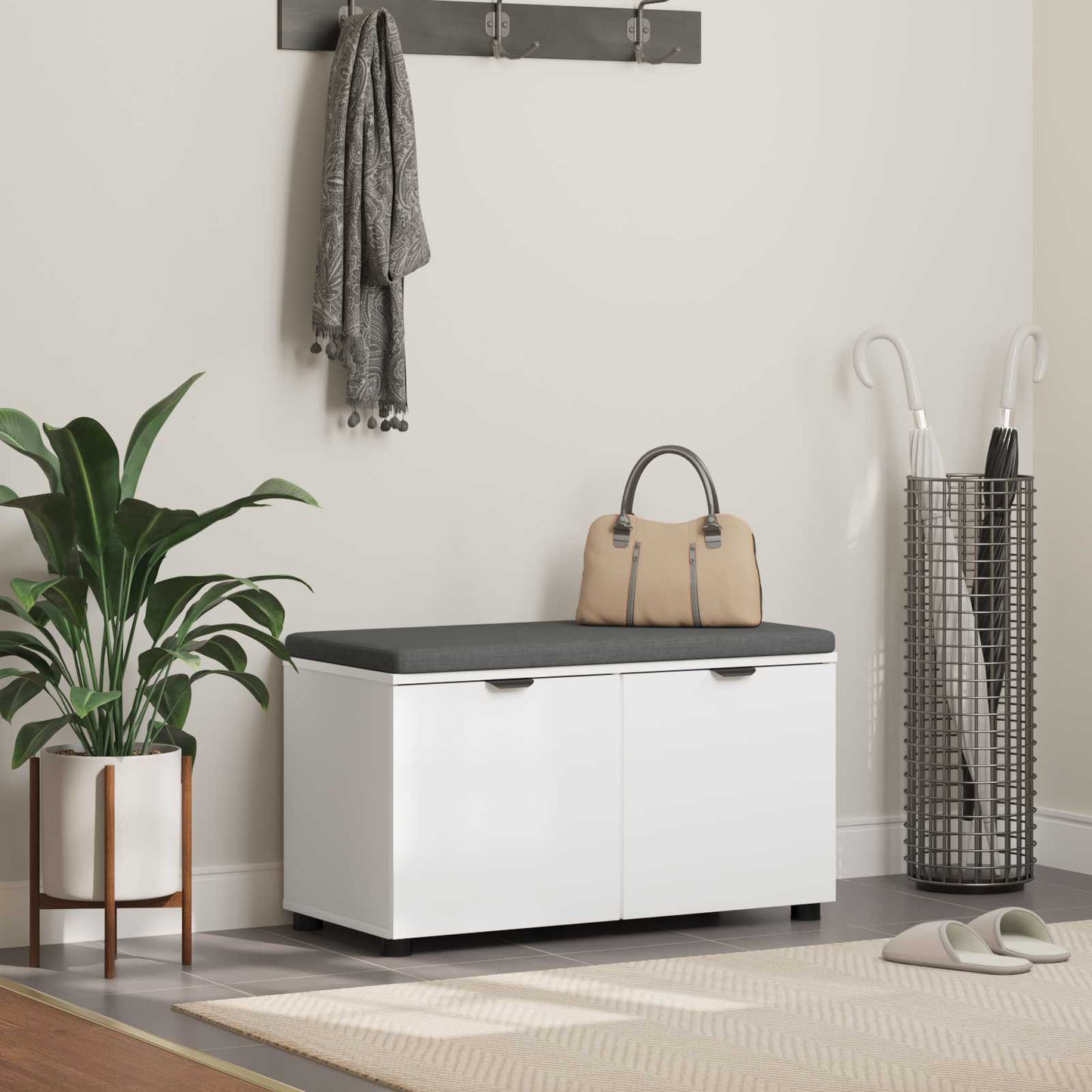 Flurbank mit Kissen mit Regal mit Speicher Weiß 80 x 38 x 46 cm