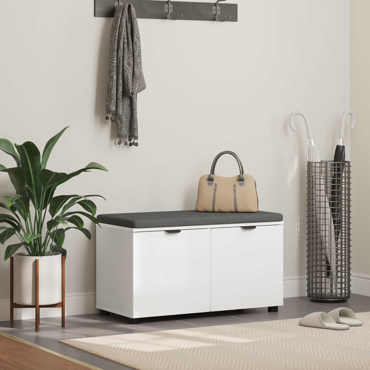 Flurbank mit Kissen mit Regal mit Speicher Weiß 80 x 38 x 46 cm