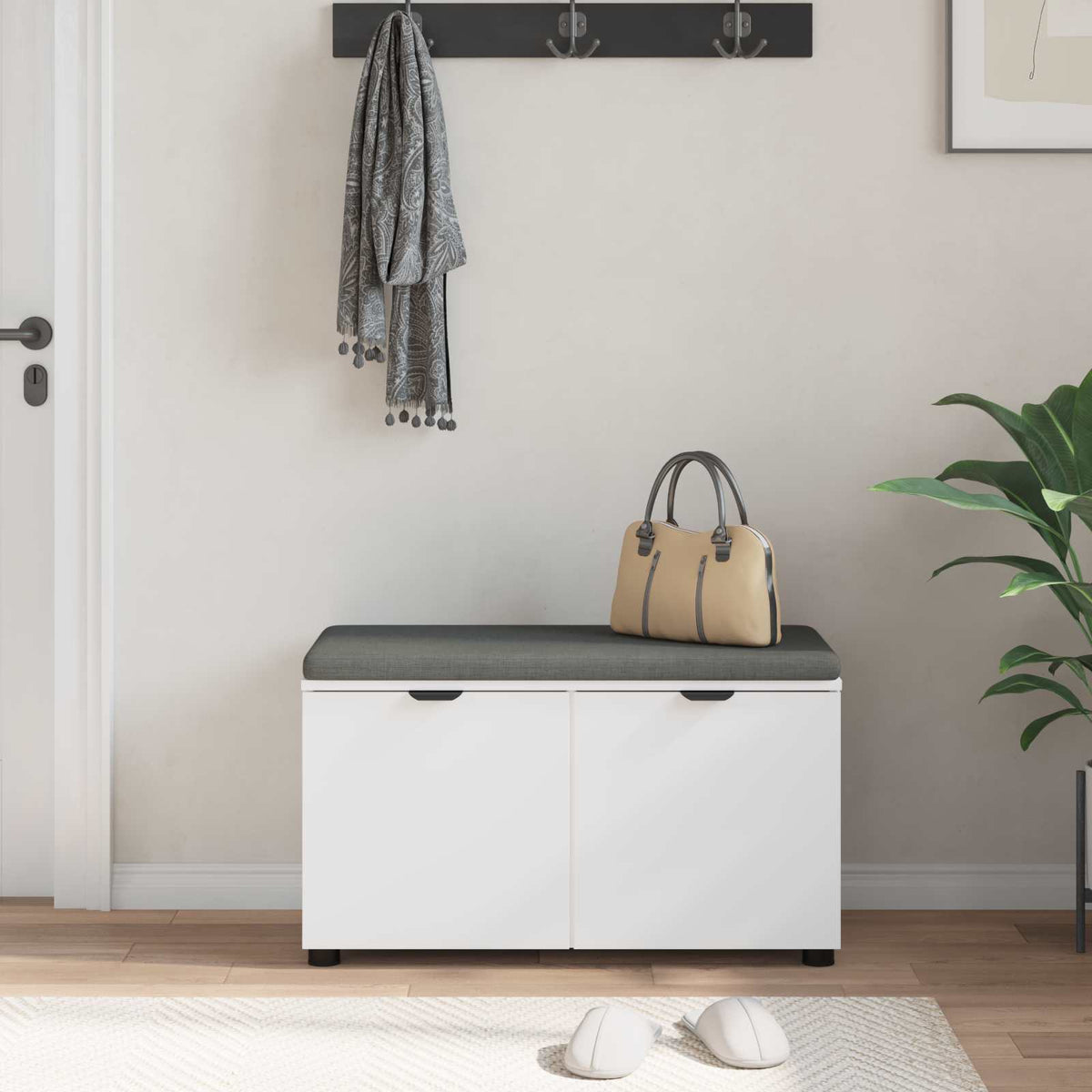 Flurbank mit Kissen mit Regal mit Speicher Weiß 80 x 38 x 46 cm