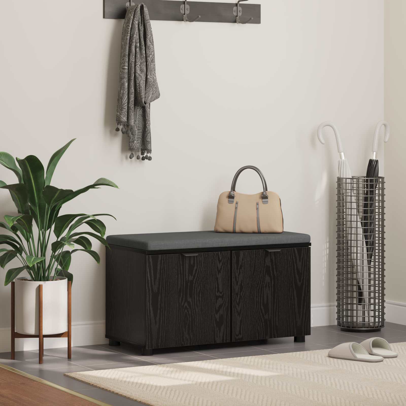 Flurbank mit Kissen mit Regal Schwarze Eiche 80 x 38 x 46 cm